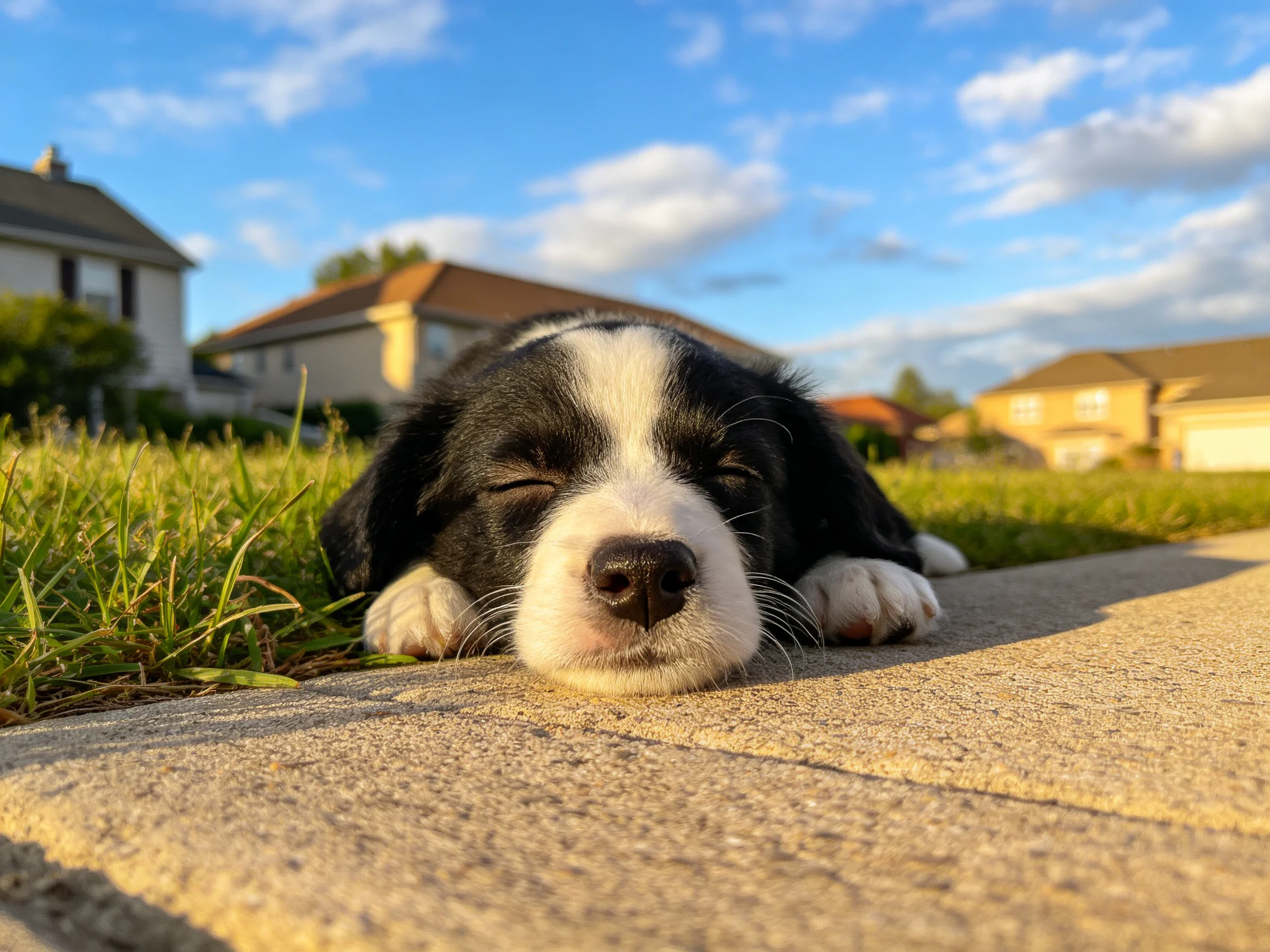 A black and white puppy sleeps near a sidewalk with suburban homes in the background