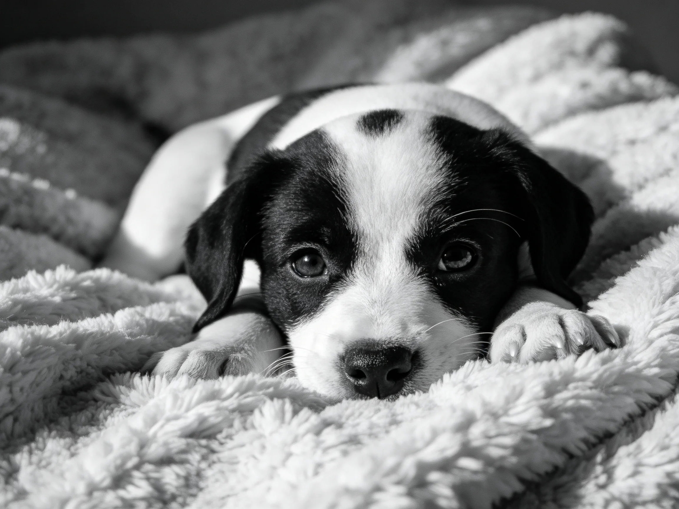 A black and white puppy relaxeson a soft blanket.