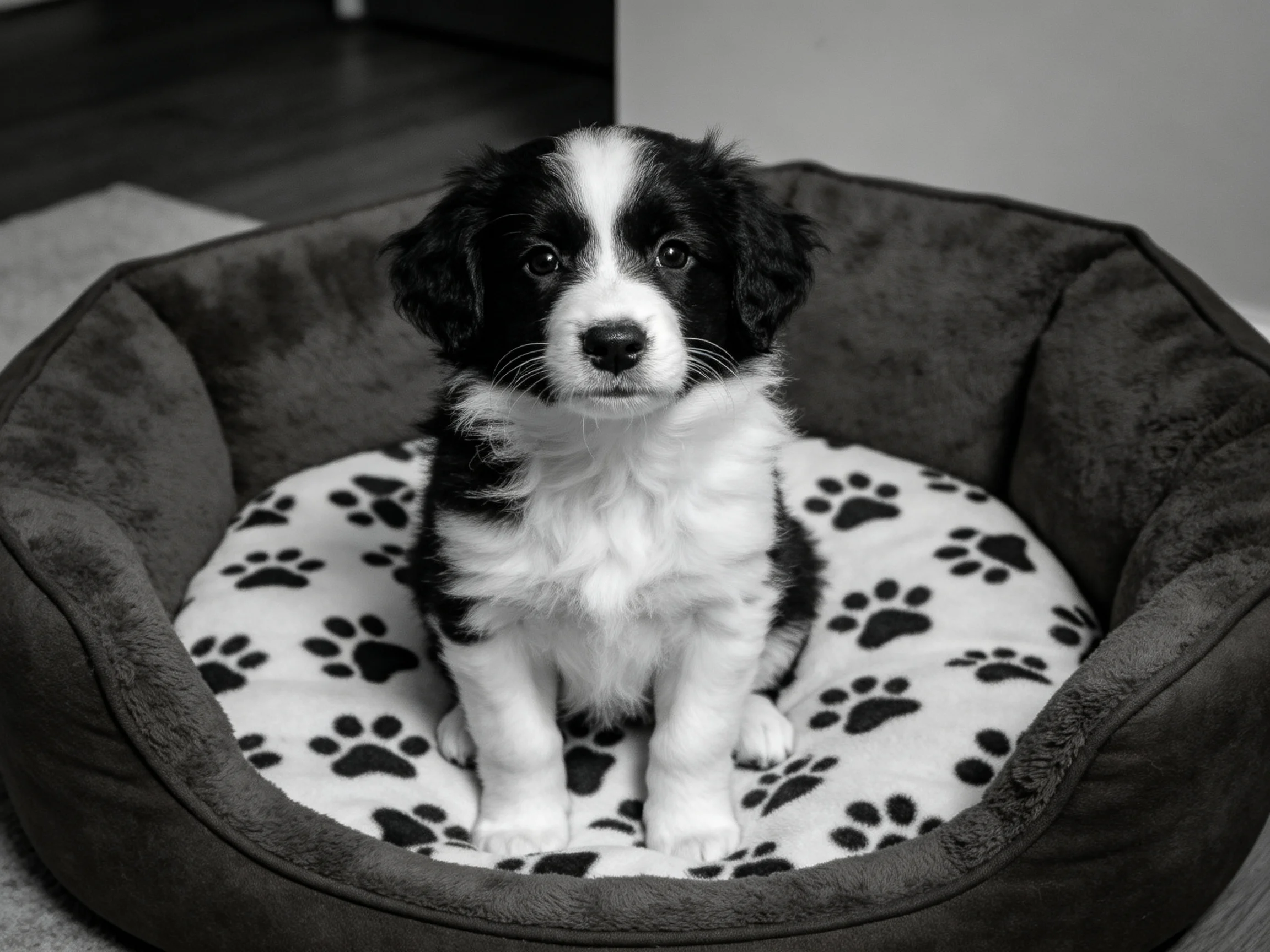 A black-and-white puppy sits in a plush dog bed with paw print cushion