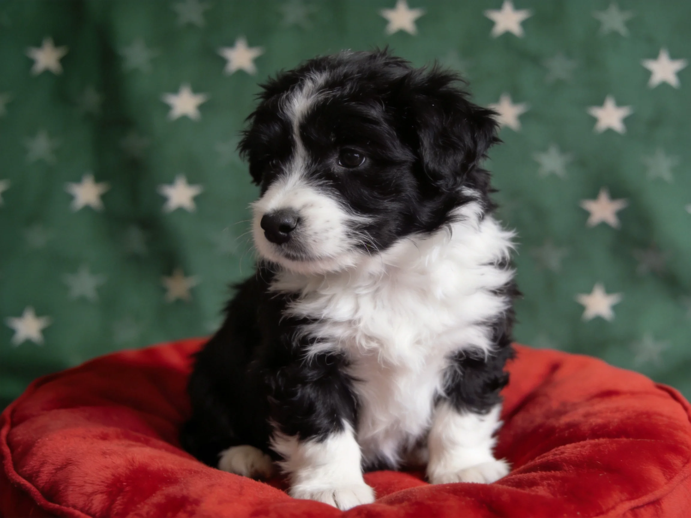 A black and white puppy rests on a red bed beside a green starry fabric backdrop.