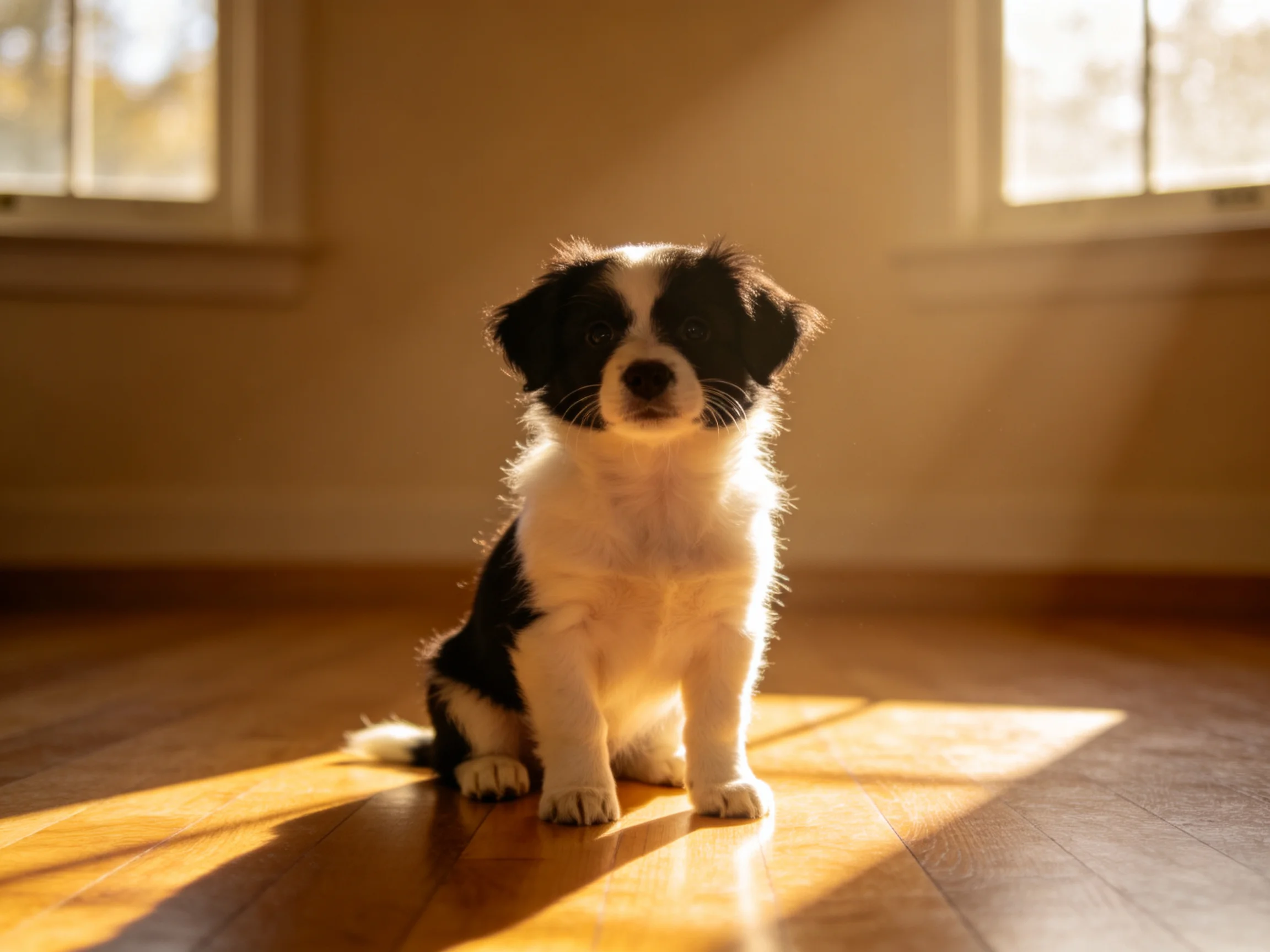 A small black-and-white puppy sits on a sunlit wooden floor.