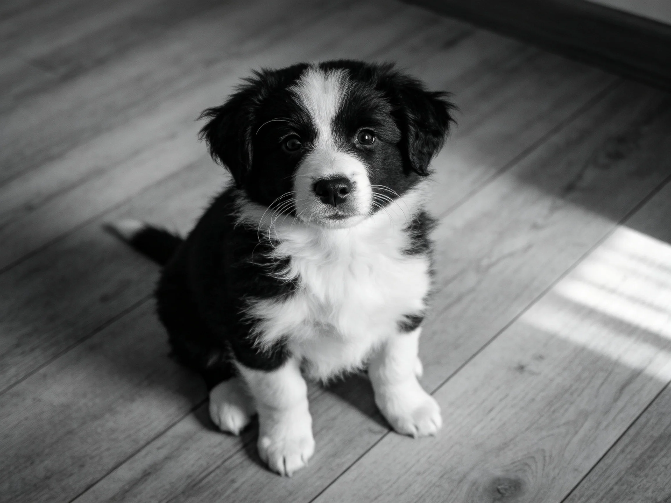 A black and white puppy sits calmly on a wooden floor.