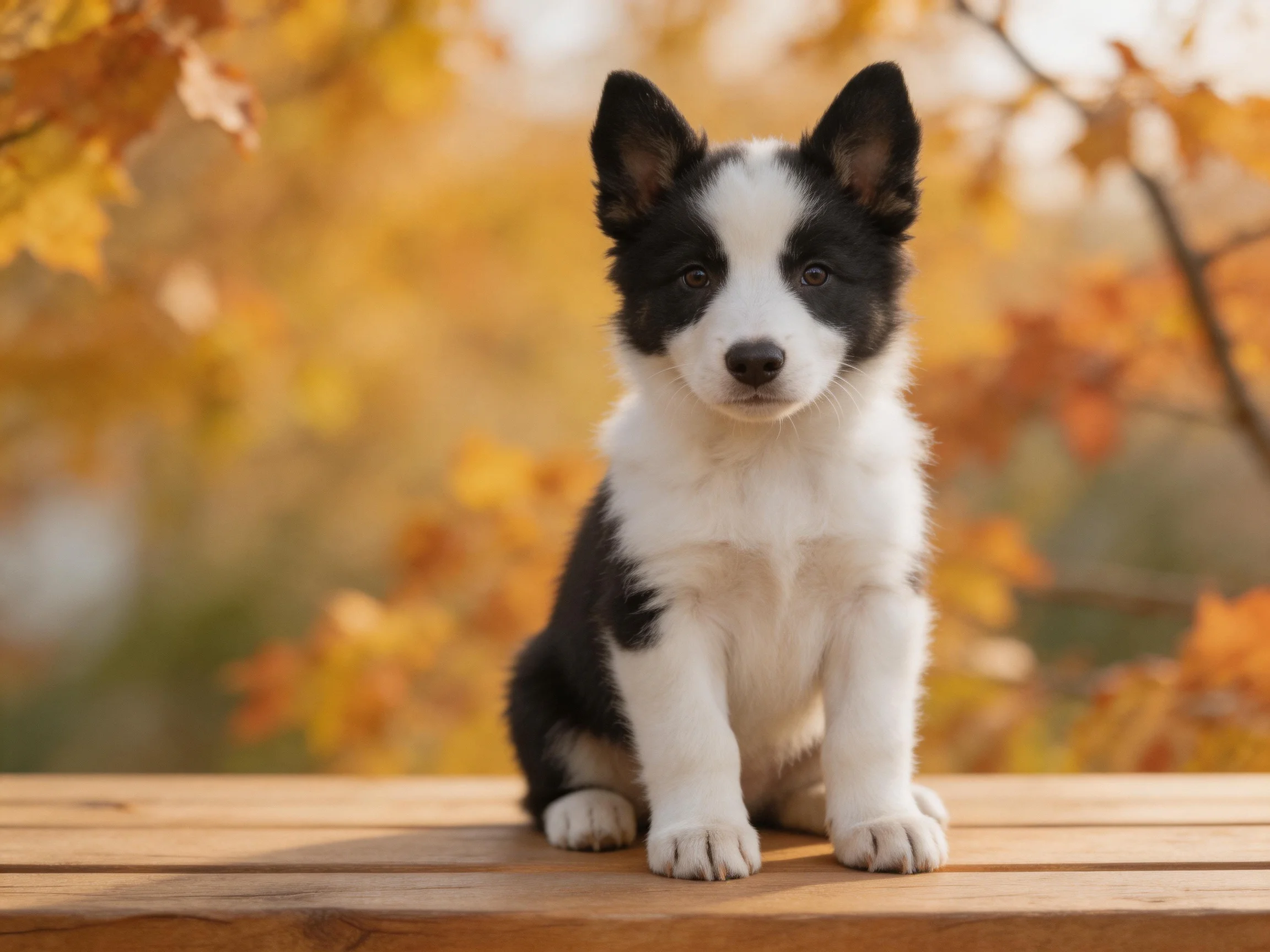 A black-and-white puppy sits on a wooden plank surrounded by autumn leaves