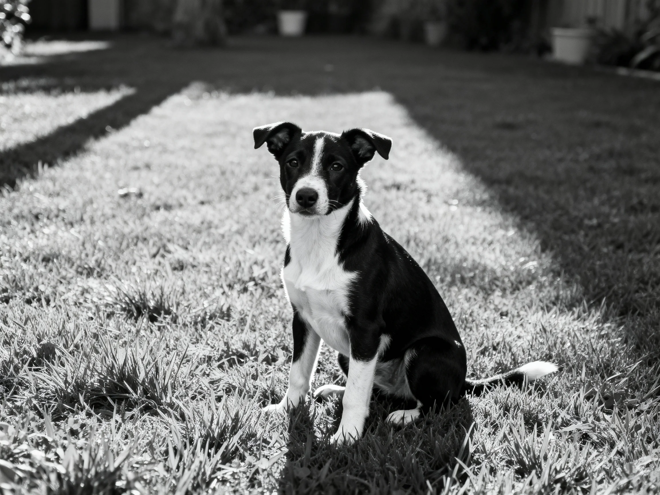A black-and-white puppy sits calmly on grass in a sunlit outdoor area.
