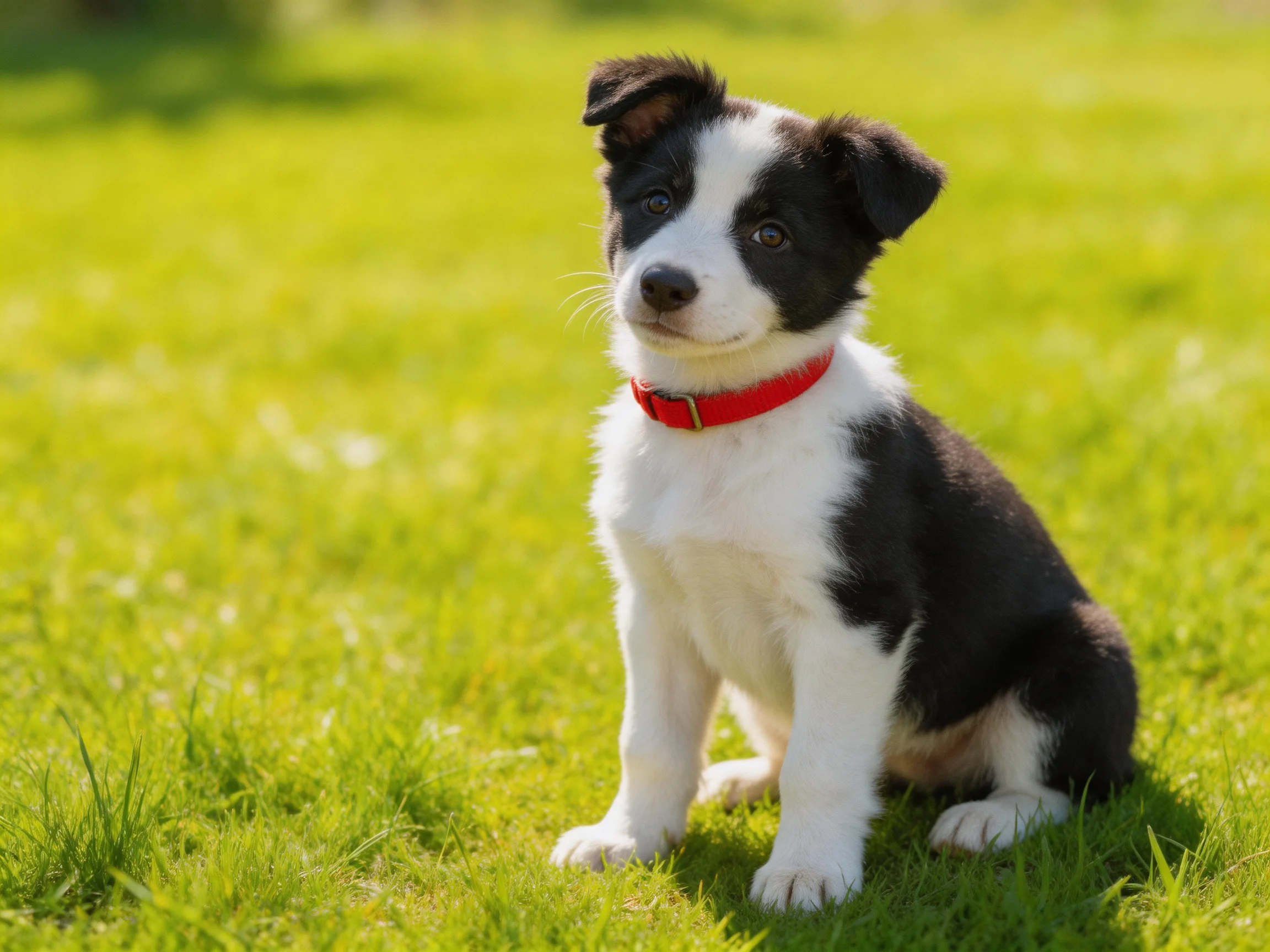 A black and white puppy sits on vibrant green grass with a red collar