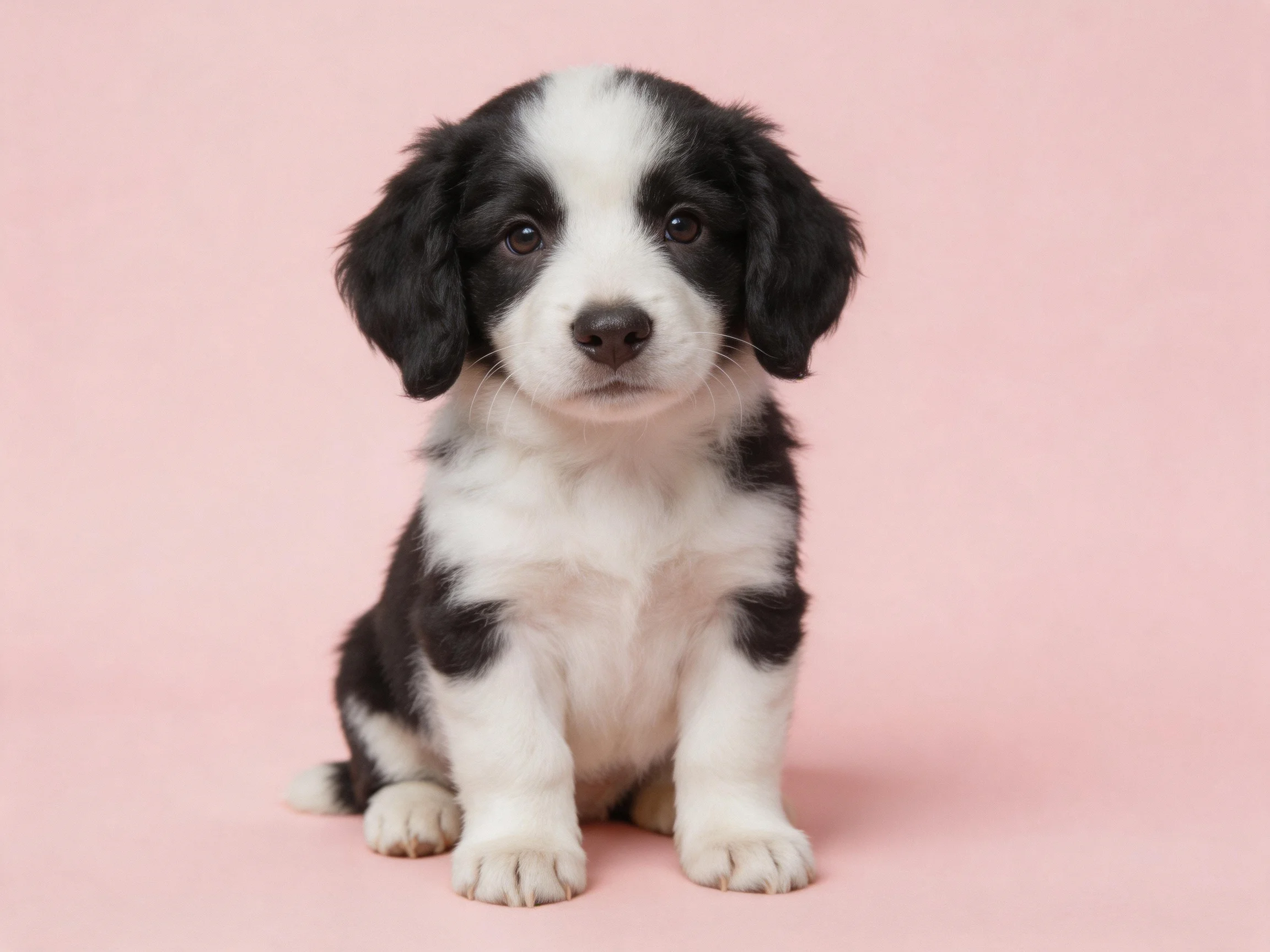 A black and white puppy sits calmly on a solid pink surface.