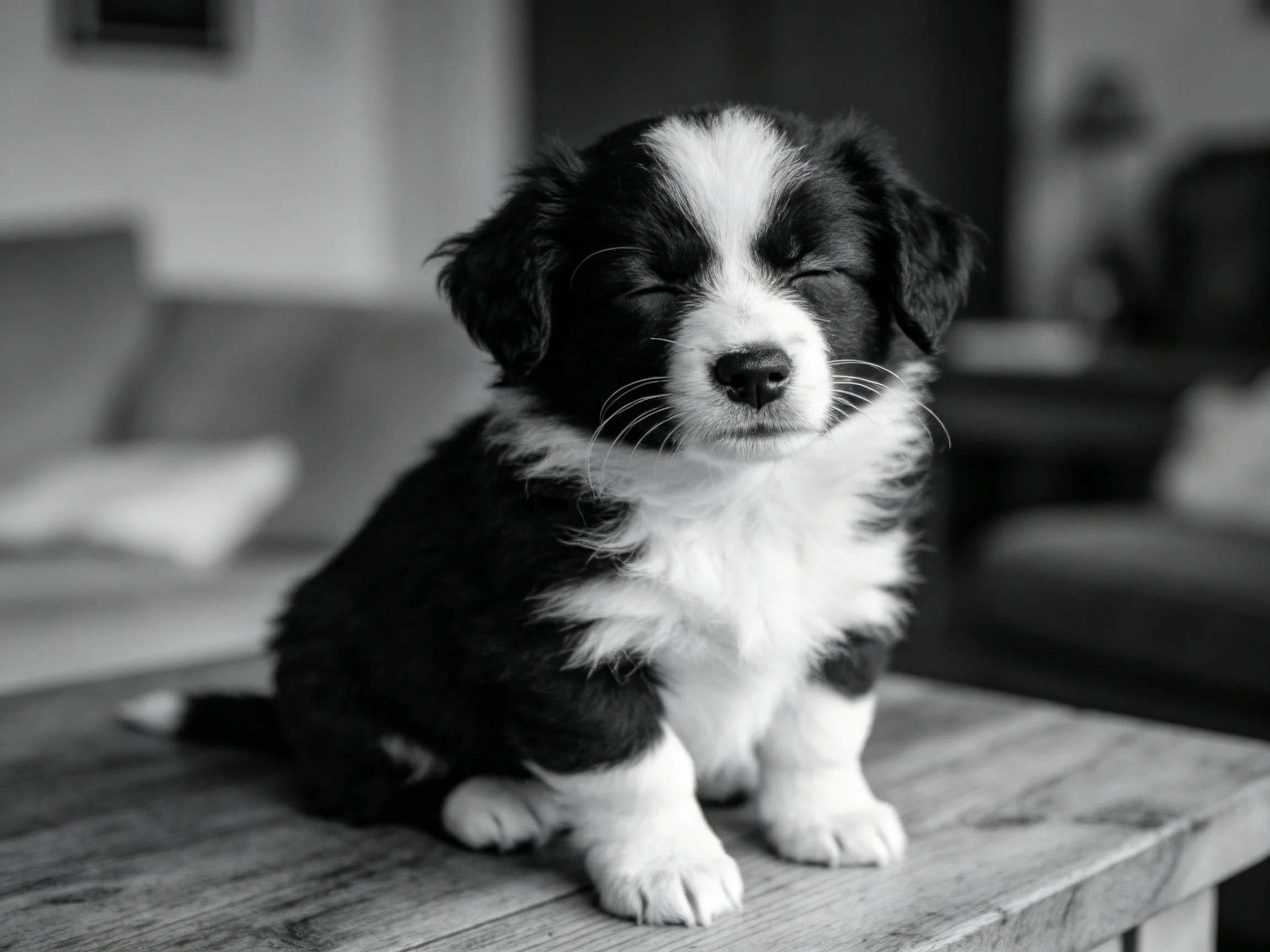 A black and white puppy sitting on a wooden table indoors