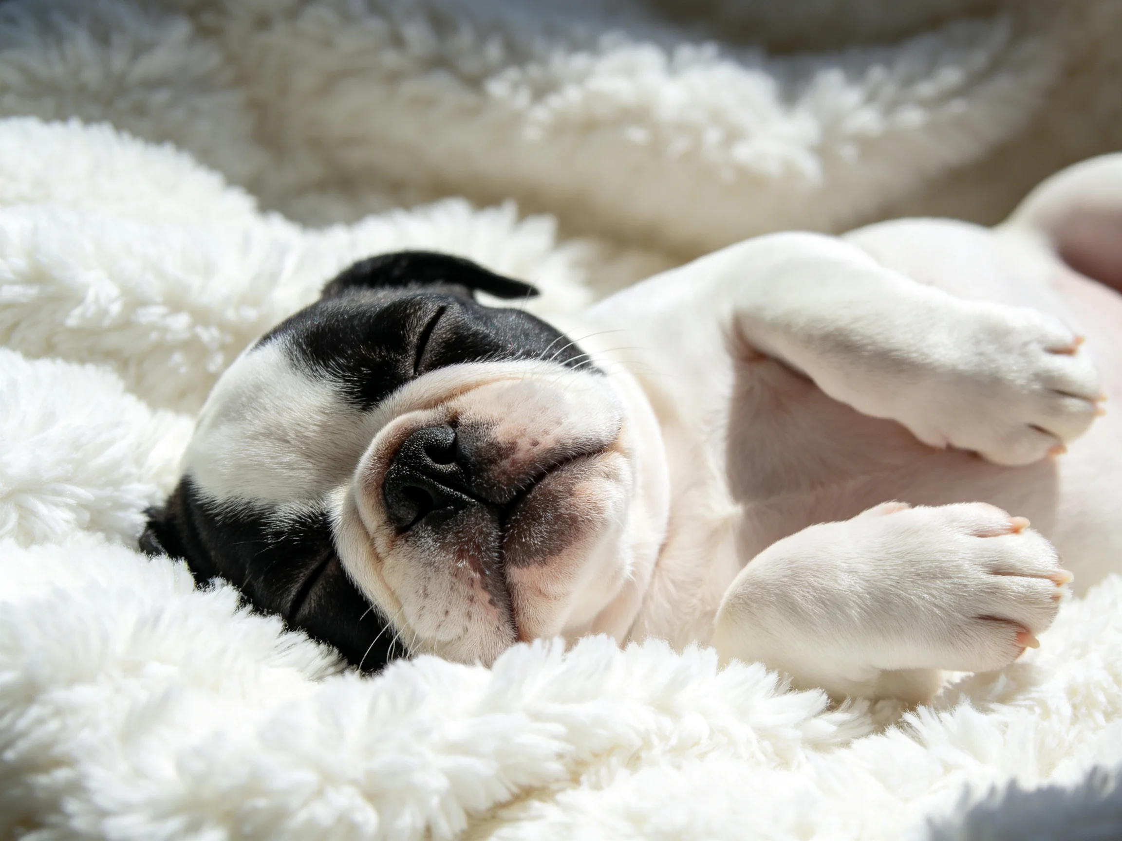 A black-and-white puppy rests on a soft blanket