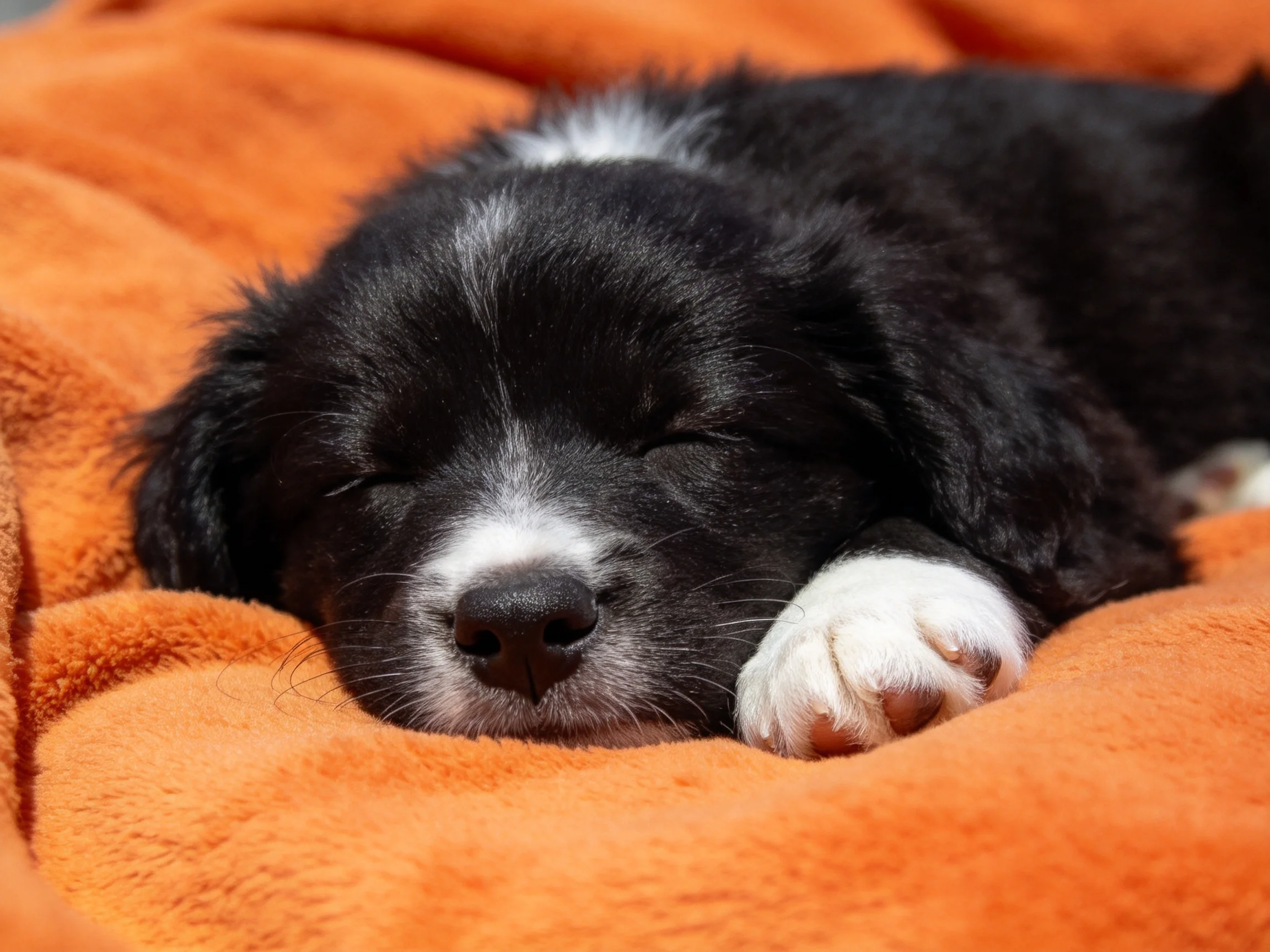 A black and white puppy rests on an orange blanket.