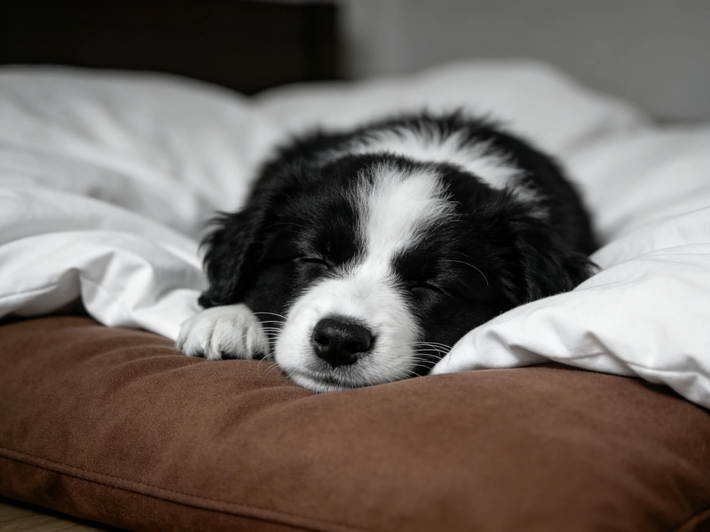 A black and white puppy sleeps on soft bedding in a cozy setting.