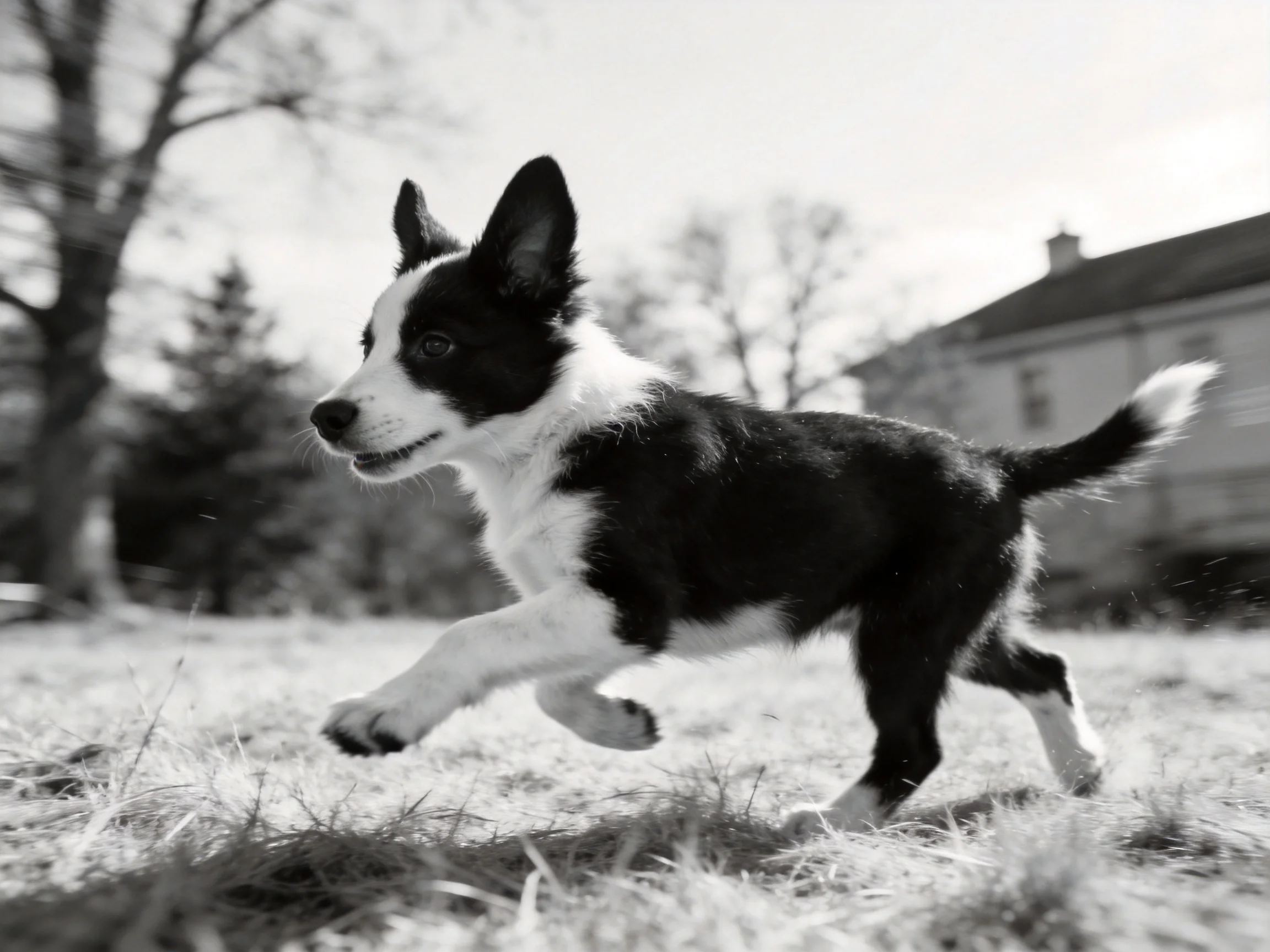 A black and white puppy sprinting through a grassy yard