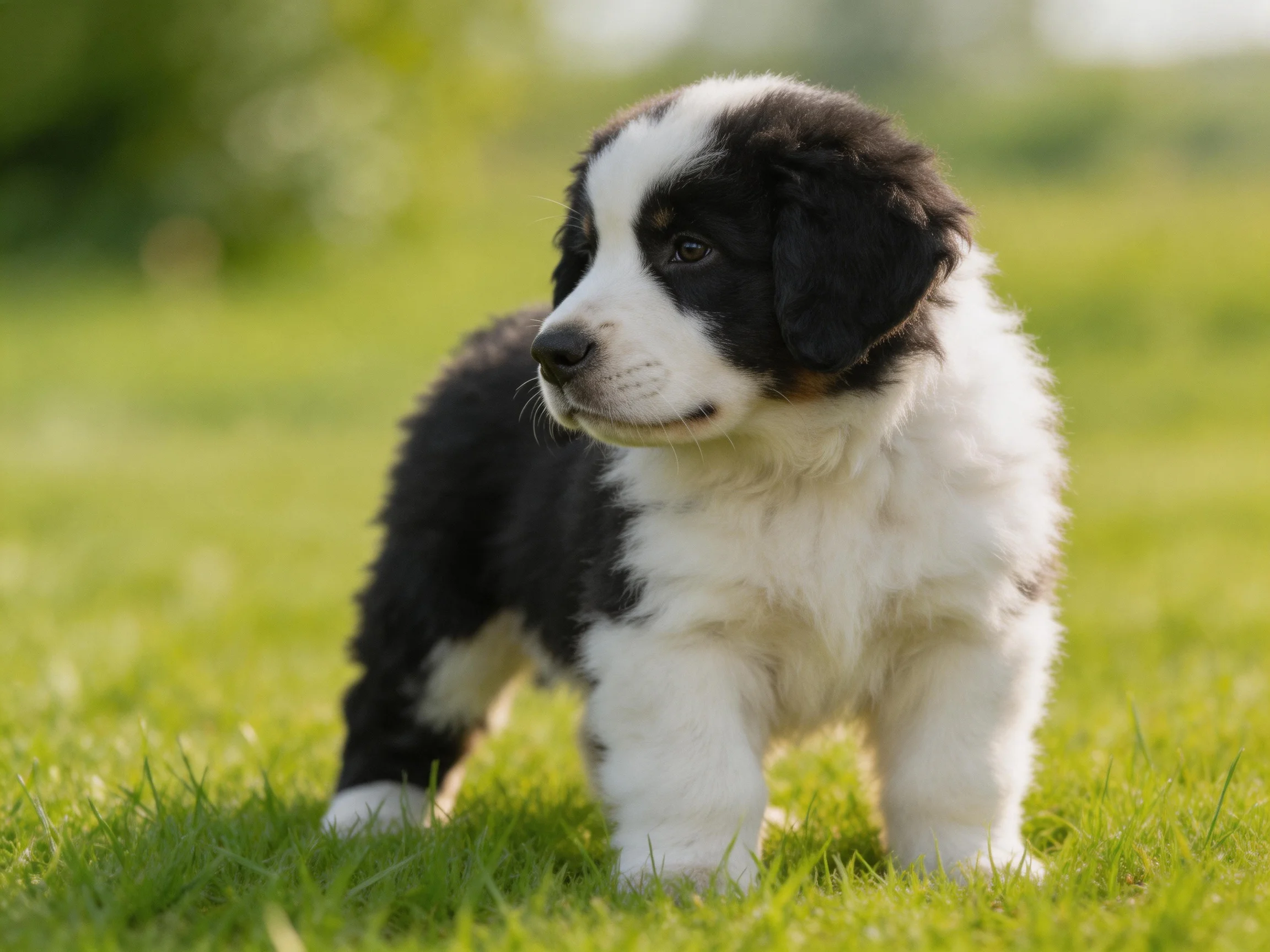 A black and white puppy stands on grass in a sunlit outdoor area.