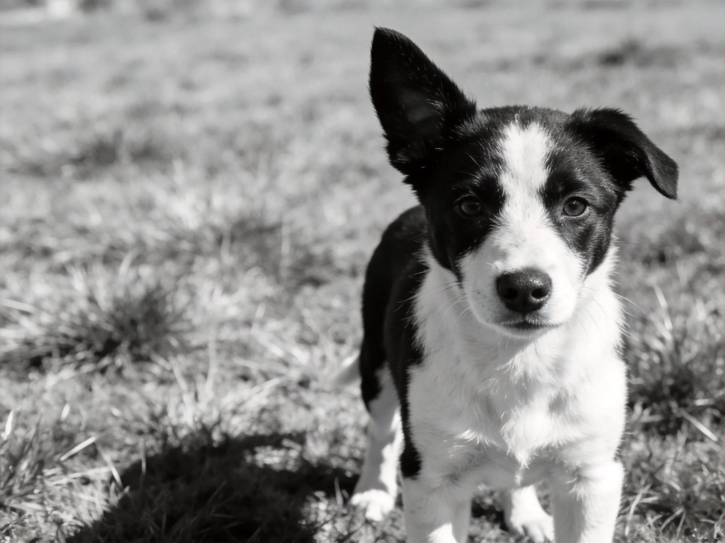 A black and white puppy stands on grass in an outdoor setting.
