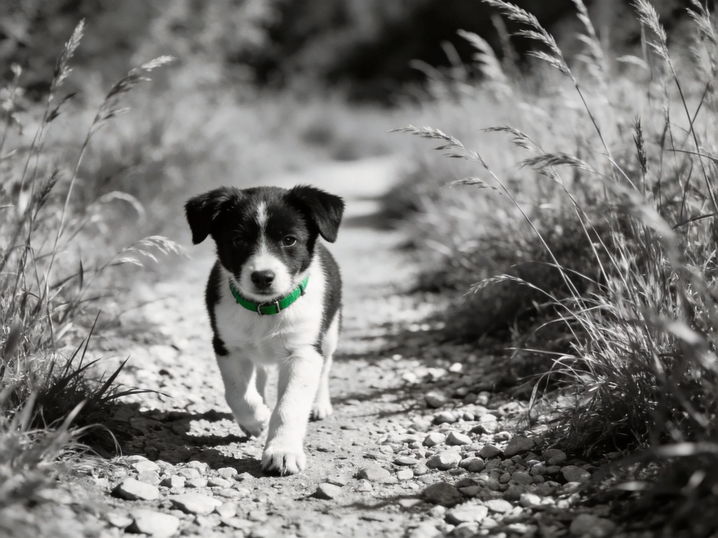 A black-and-white puppy with a bright green collar walks along a gravel path
