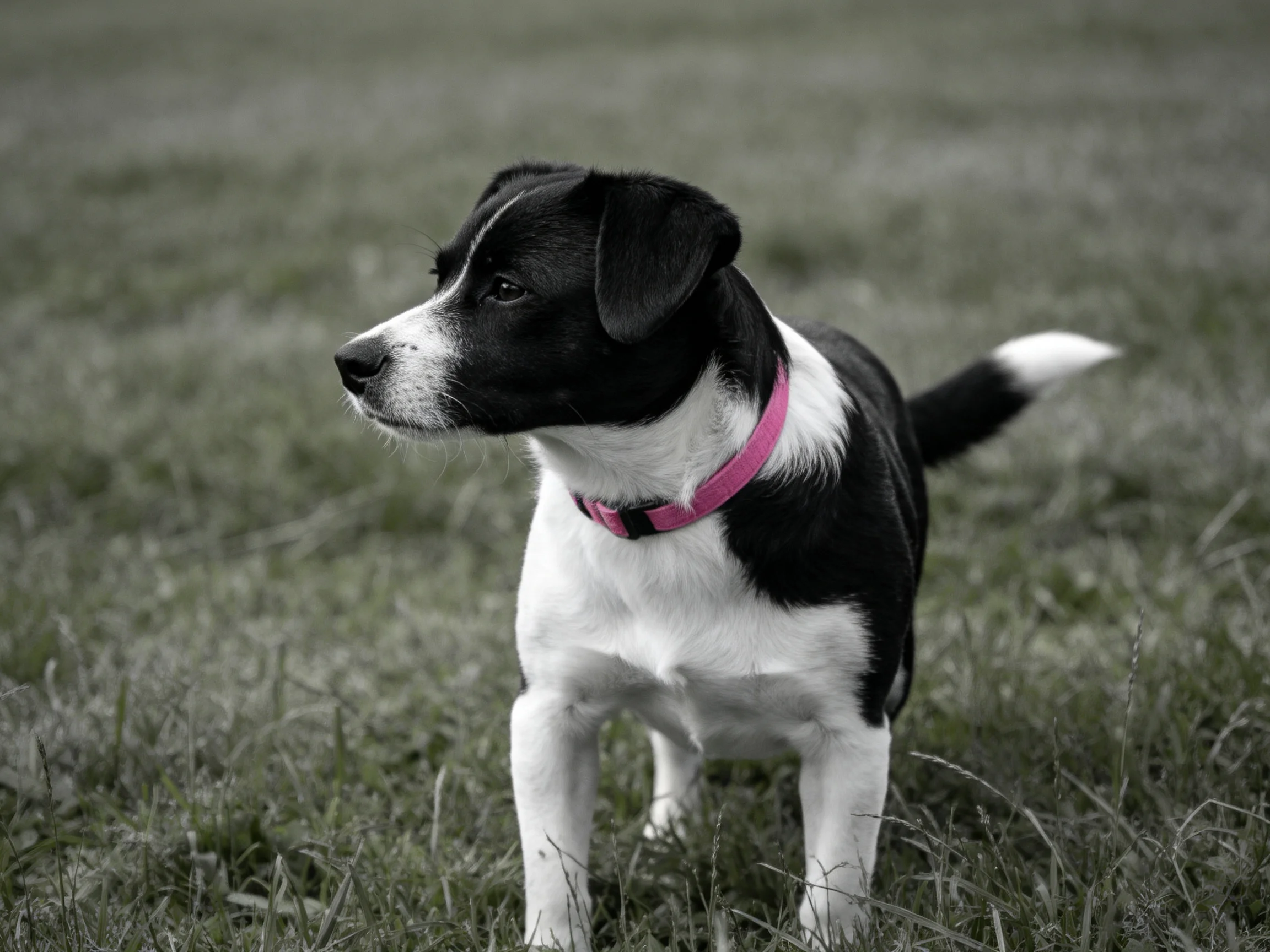A black and white puppy with a pink collar stands on grassy ground