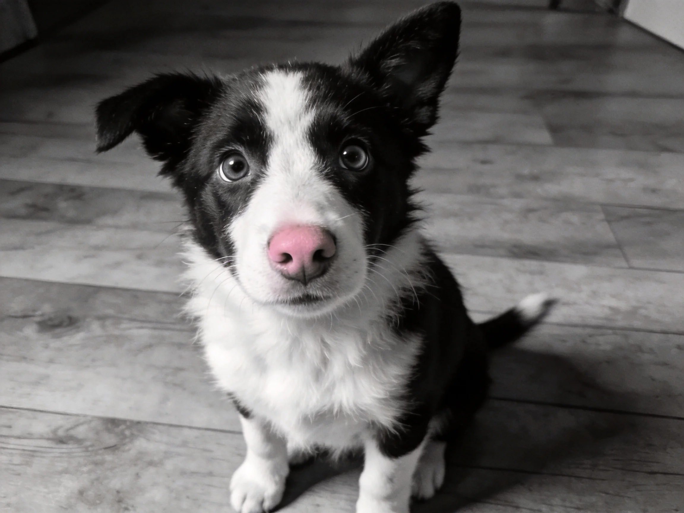 A black and white puppy with a pink nose sits on wooden flooring.