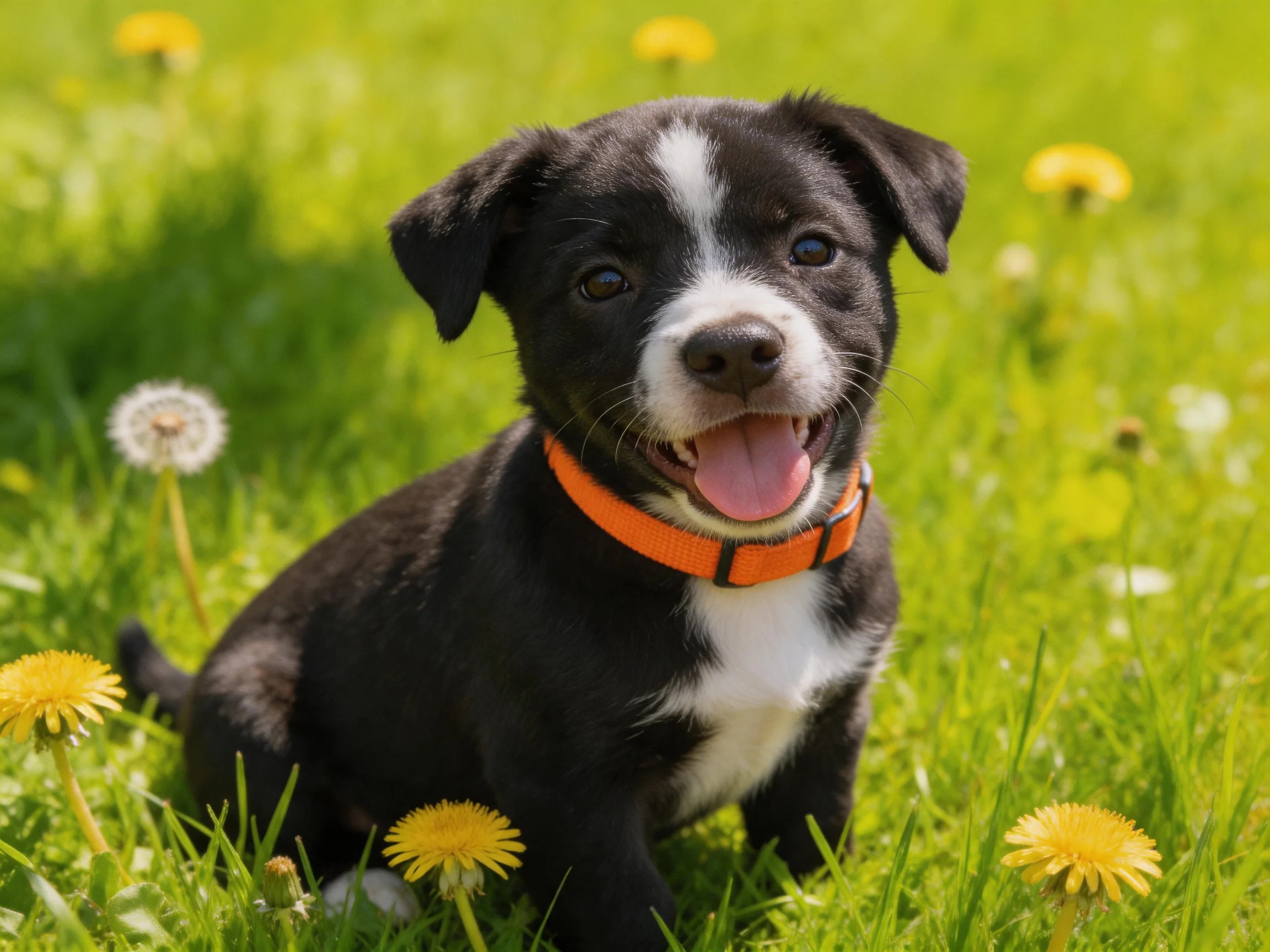 A black and white puppy with an orange collar sits in a grassy field with dandelions