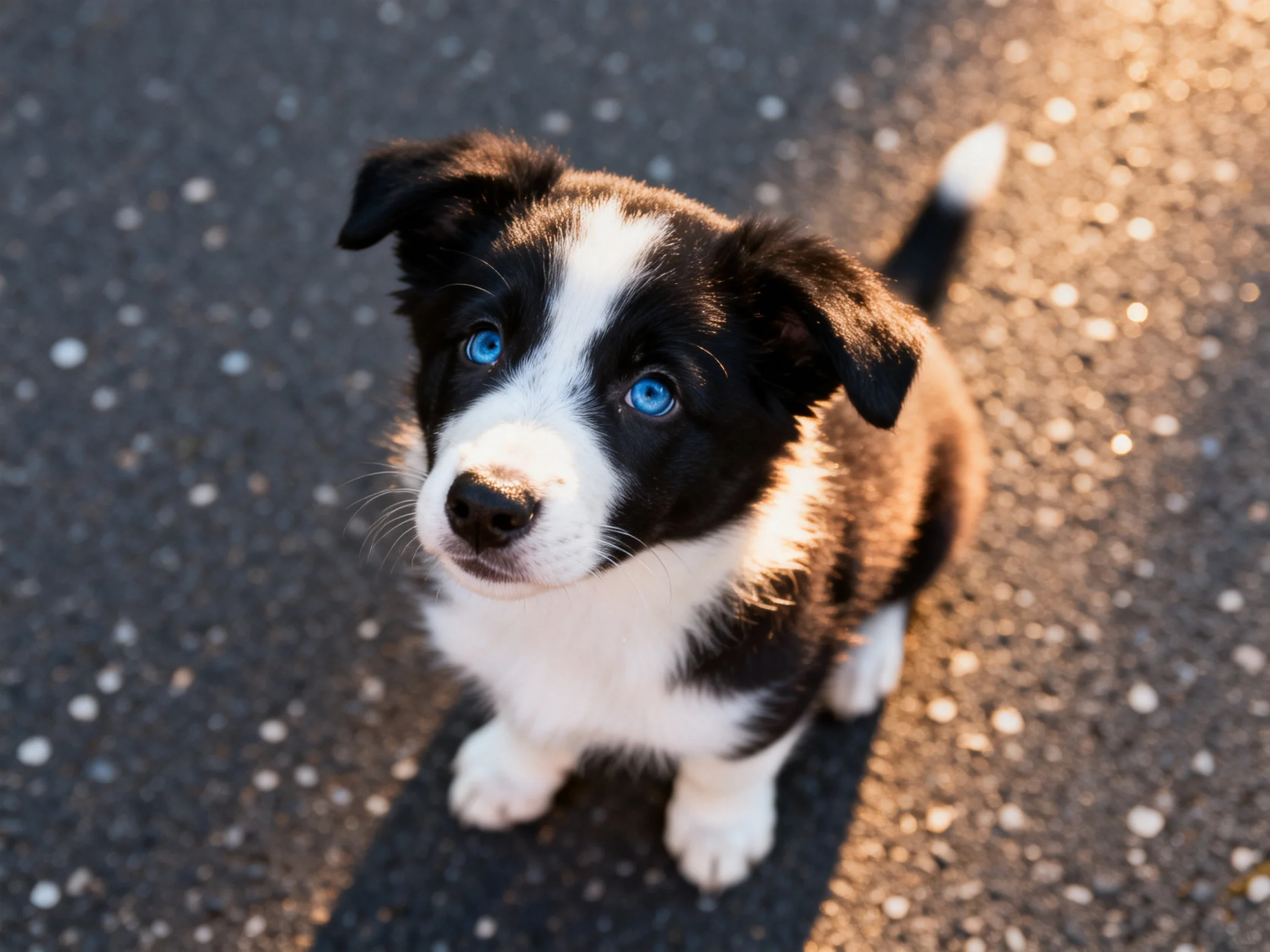 A small black and white puppy with blue eyes sits on pavement.