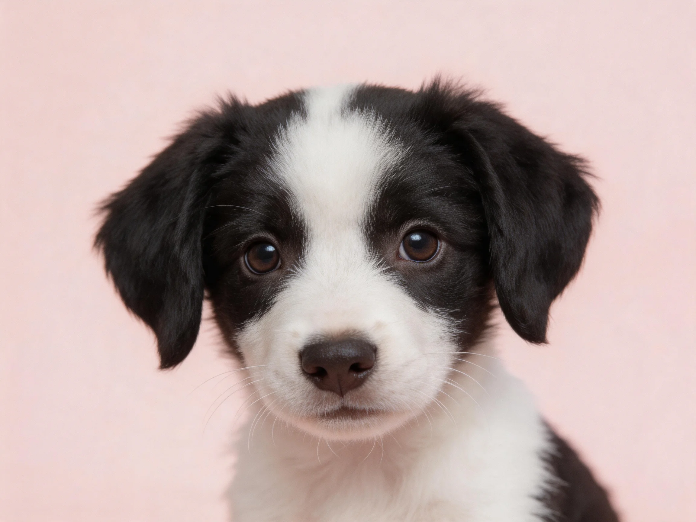 A black and white puppy gazes directly at the viewer against a pink background.