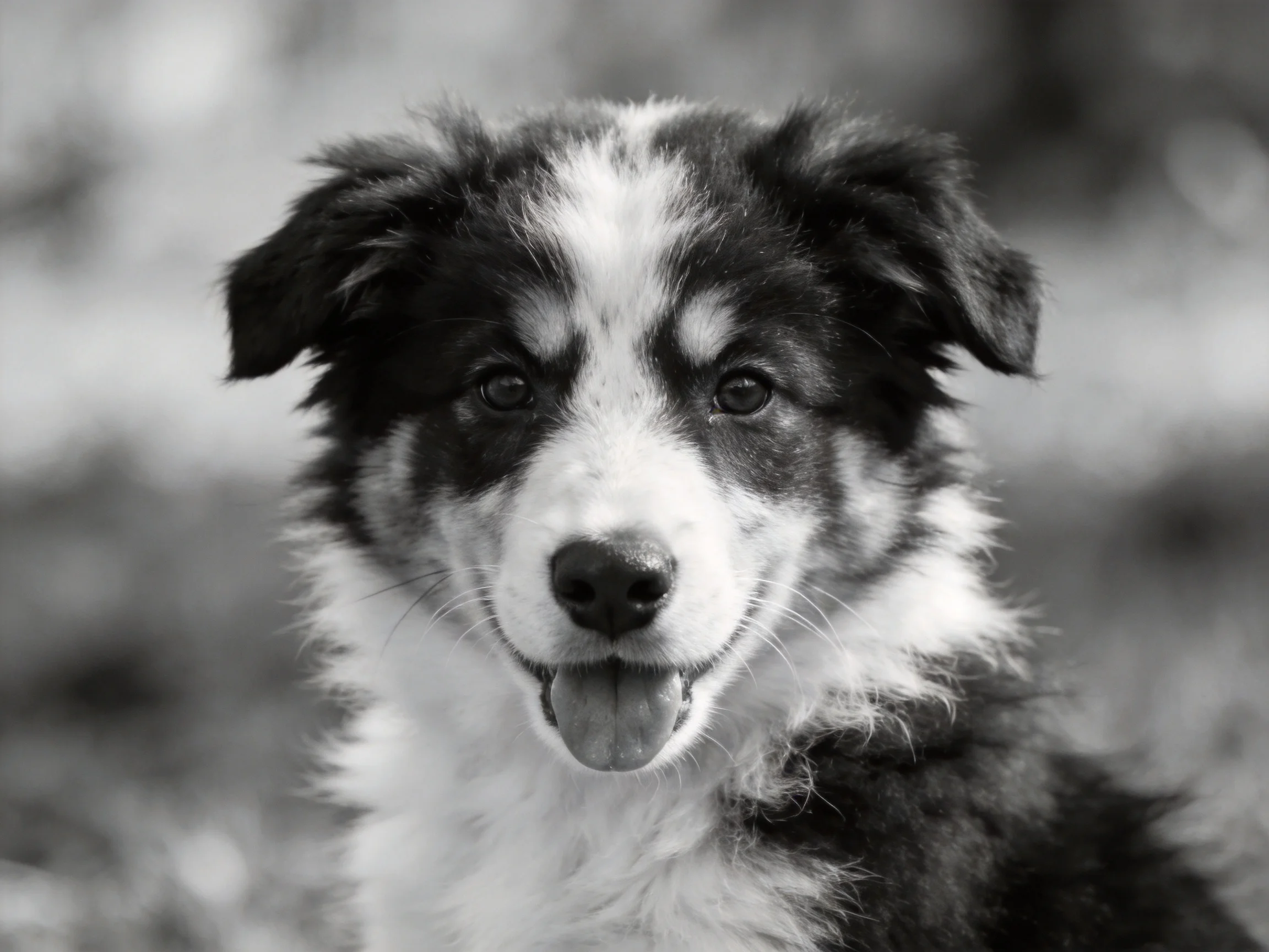 A black and white puppy with fluffy ears and bright eyes