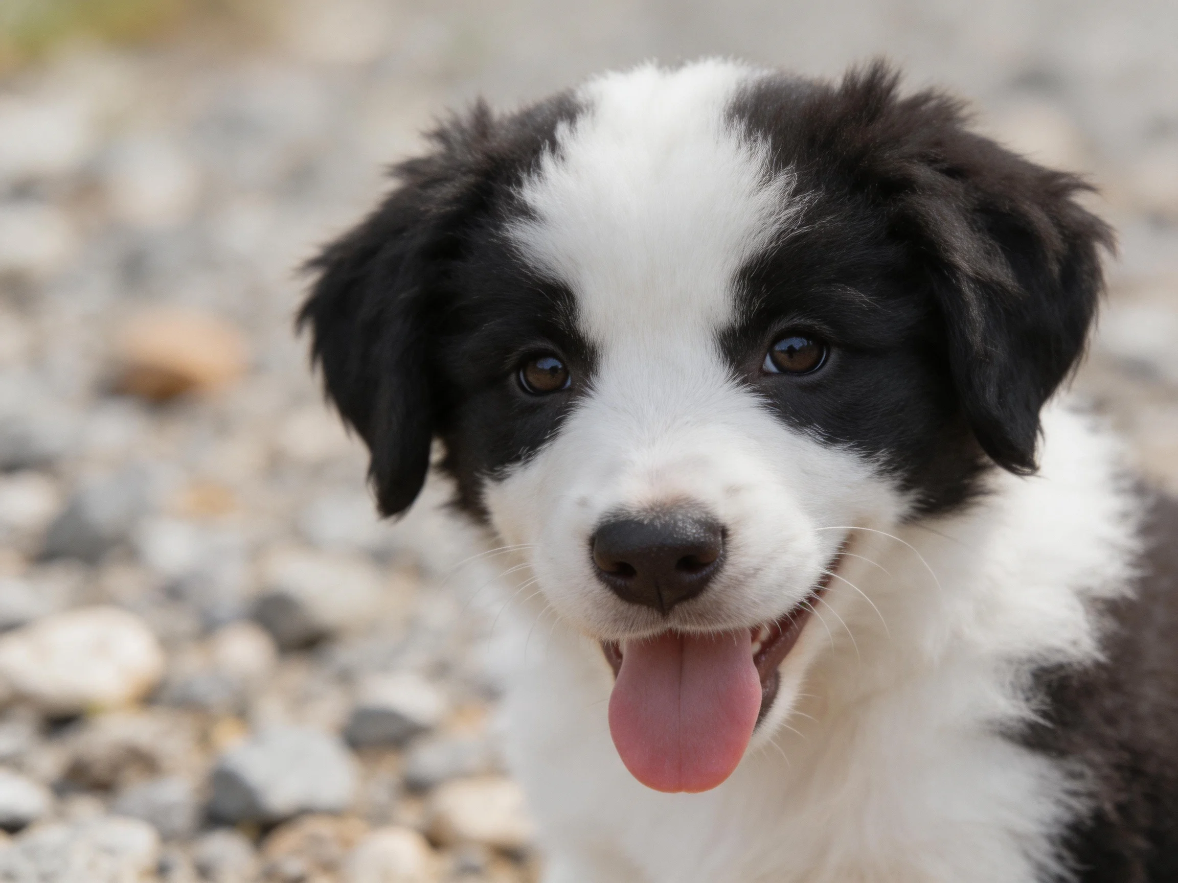 A cheerful black and white puppy stands among small rocks.