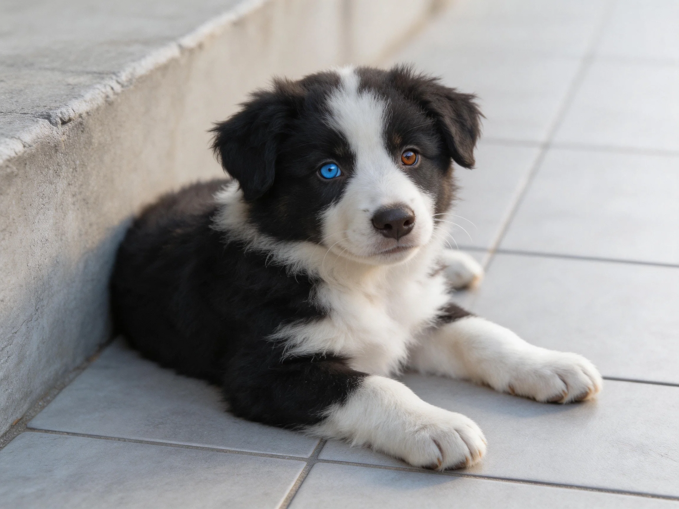 A heterochromatic black-and-white puppy rests near concrete steps.