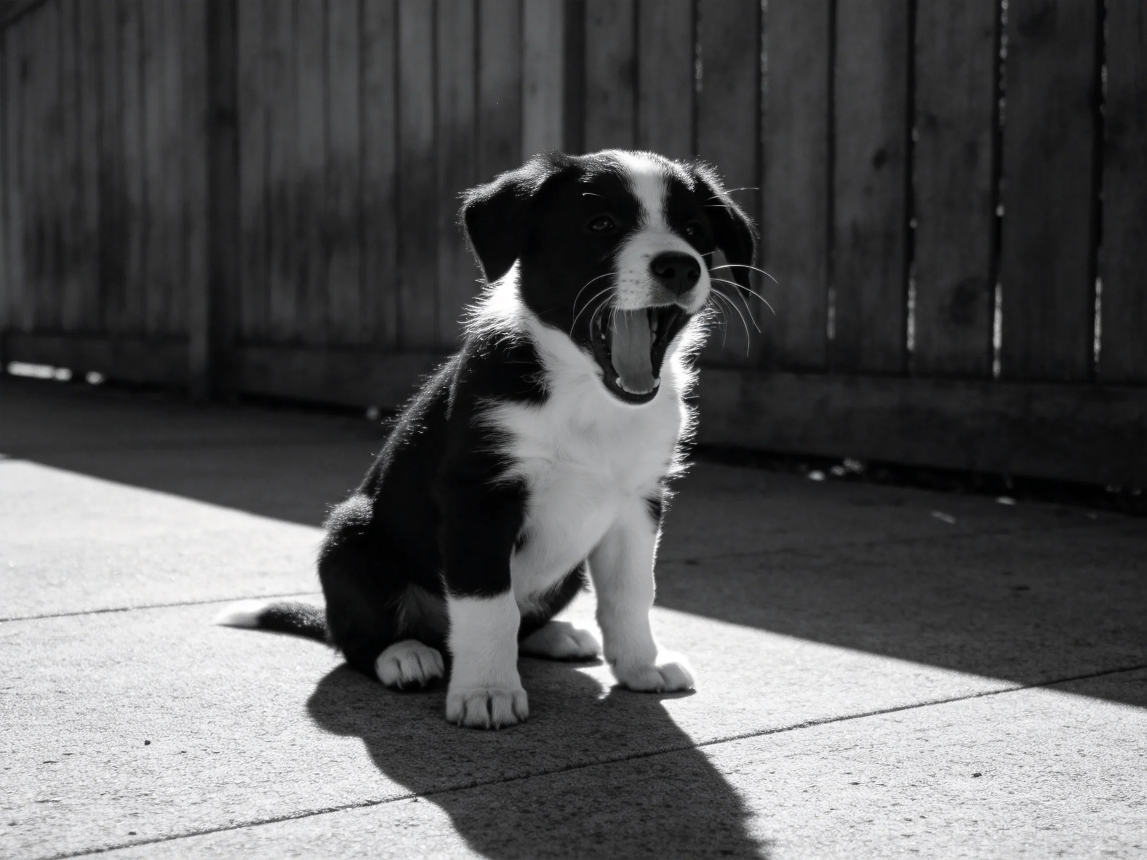A black and white puppy yawns on pavement near a wooden fence