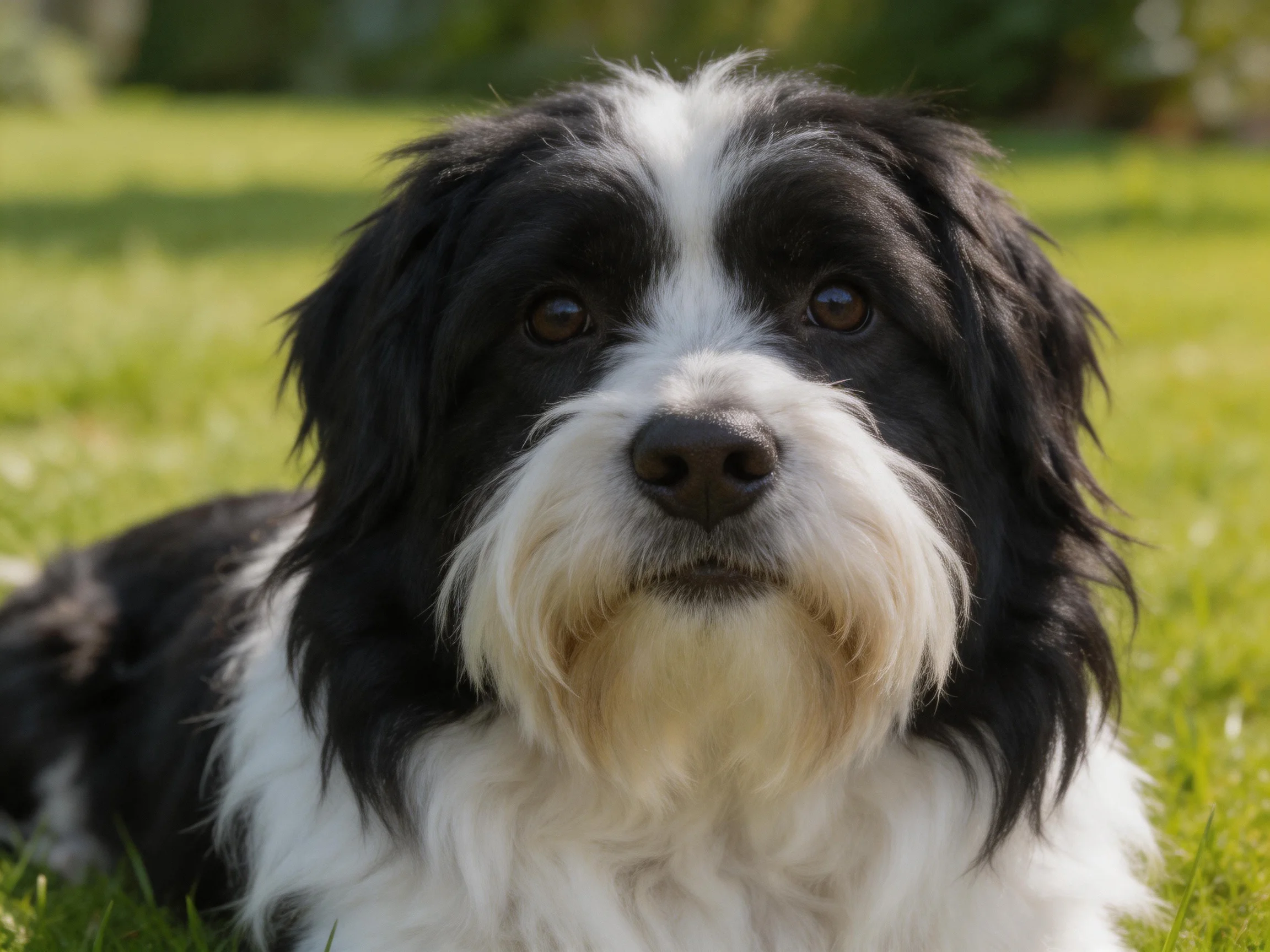 A black and white dog rests on green grass