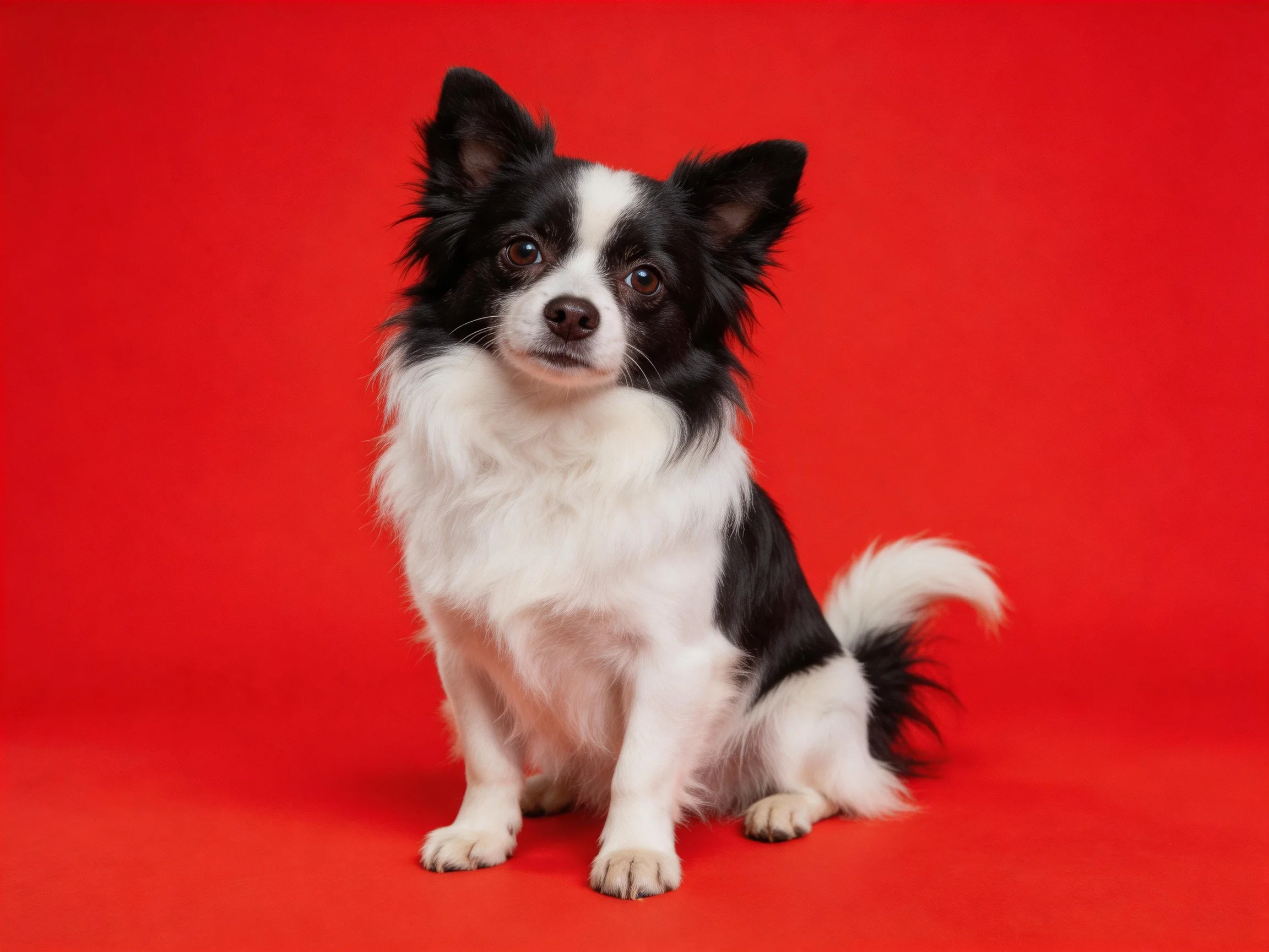 A black and white dog sits calmlyon a bright red surface.