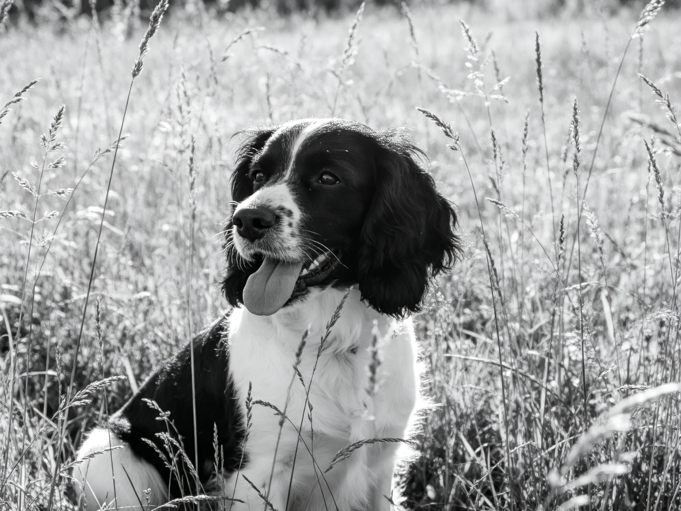 A black and white spaniel among tall wild grasses