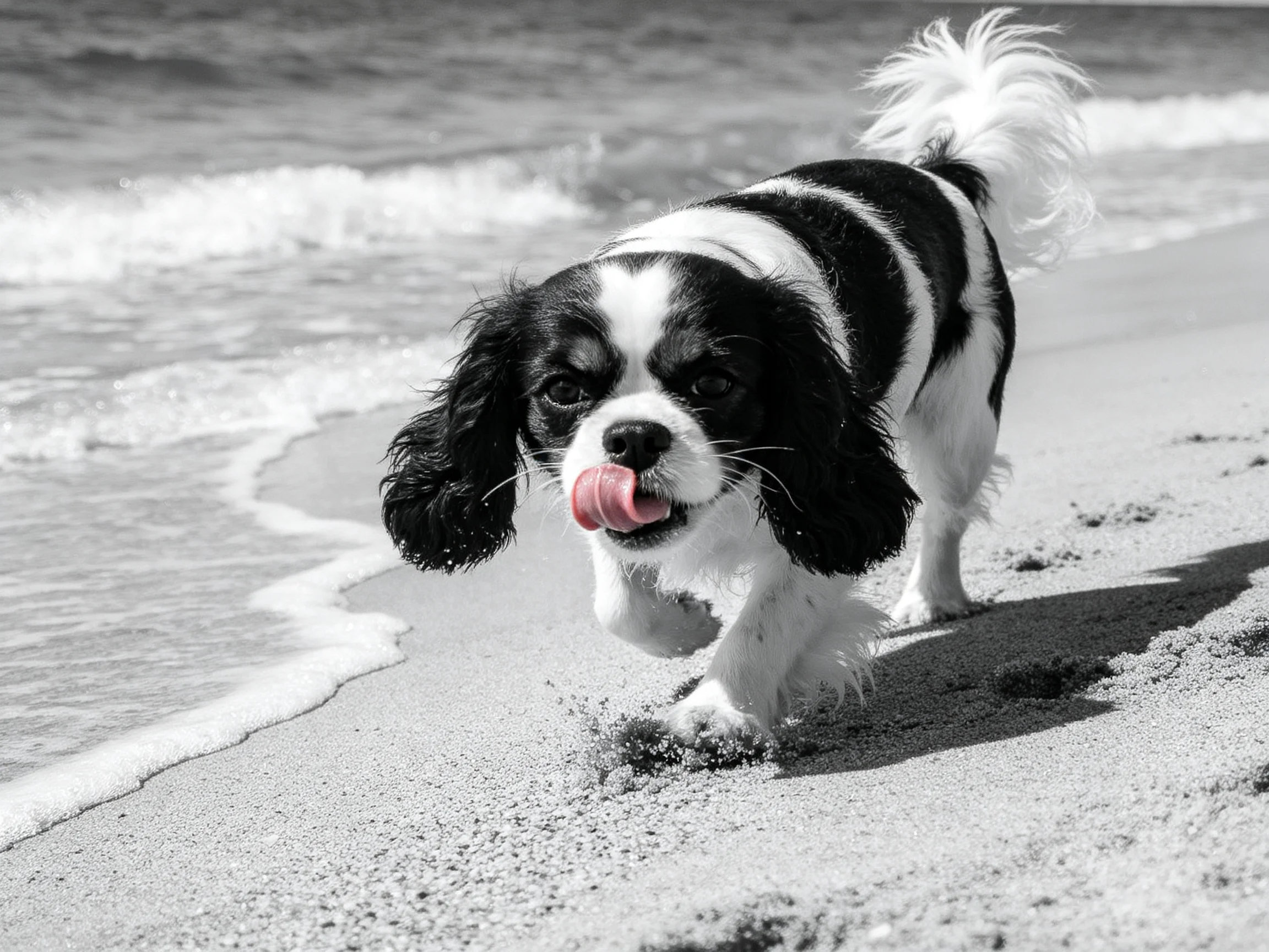 A black-and-white spaniel explores sandy shores near ocean waves
