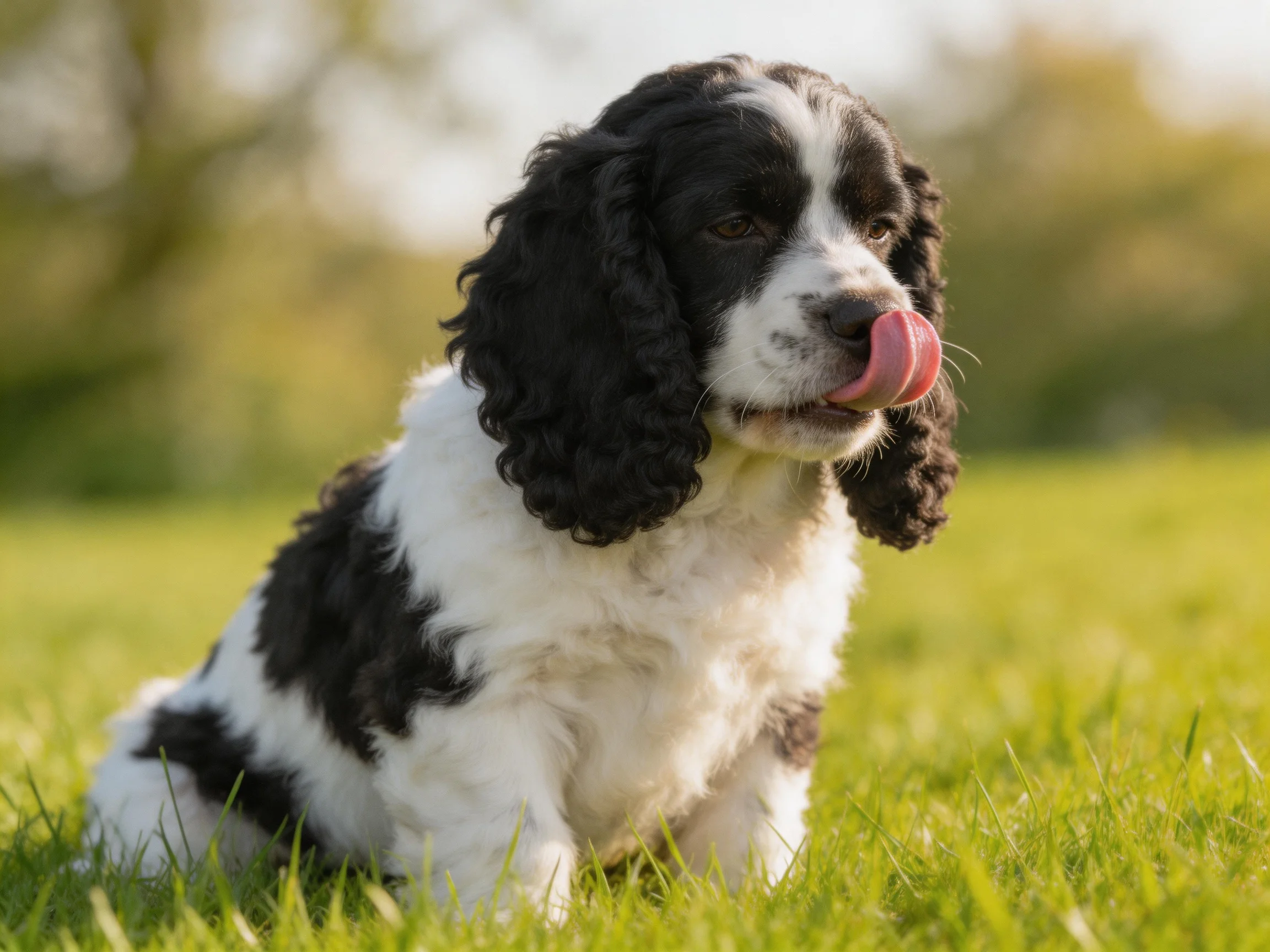 A black and white spaniel puppy sitting on green grass