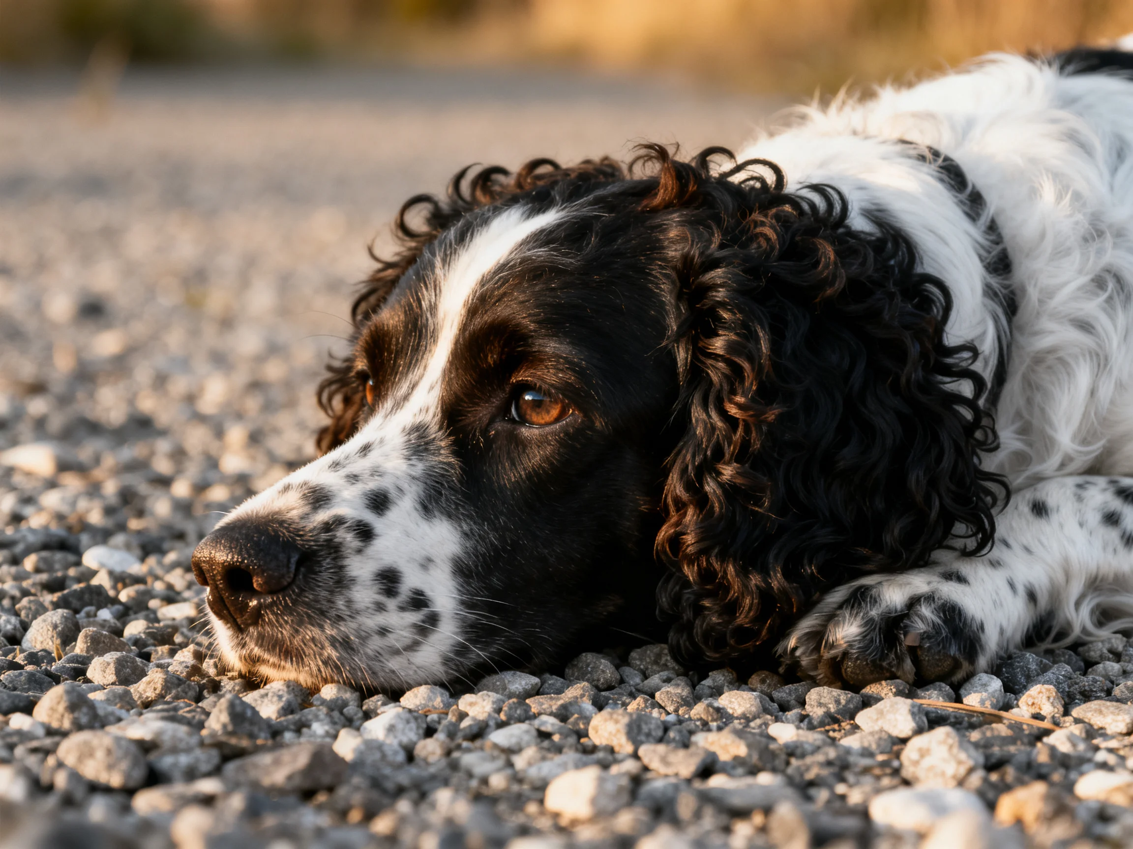 A black-and-white spaniel rests on gravel in warm light