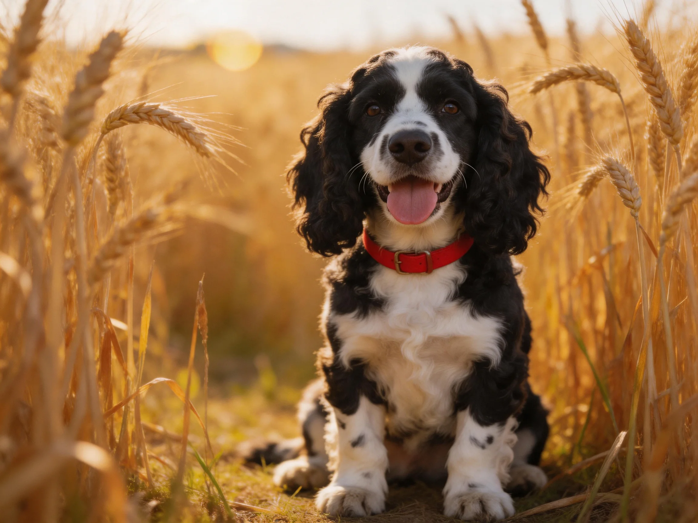 A black-and-white dog wearing a red collar relaxes in a wheat field.