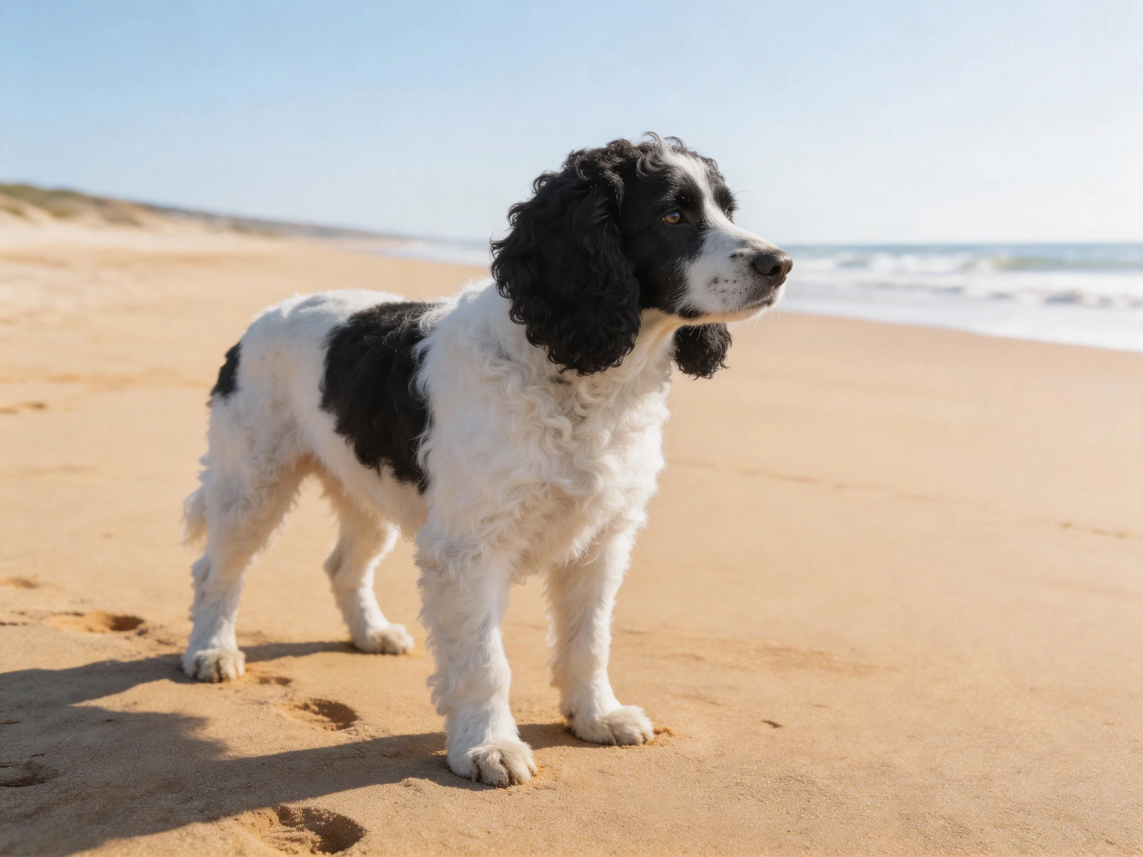 A black and white spaniel stands on a sandy beach near the shoreline.