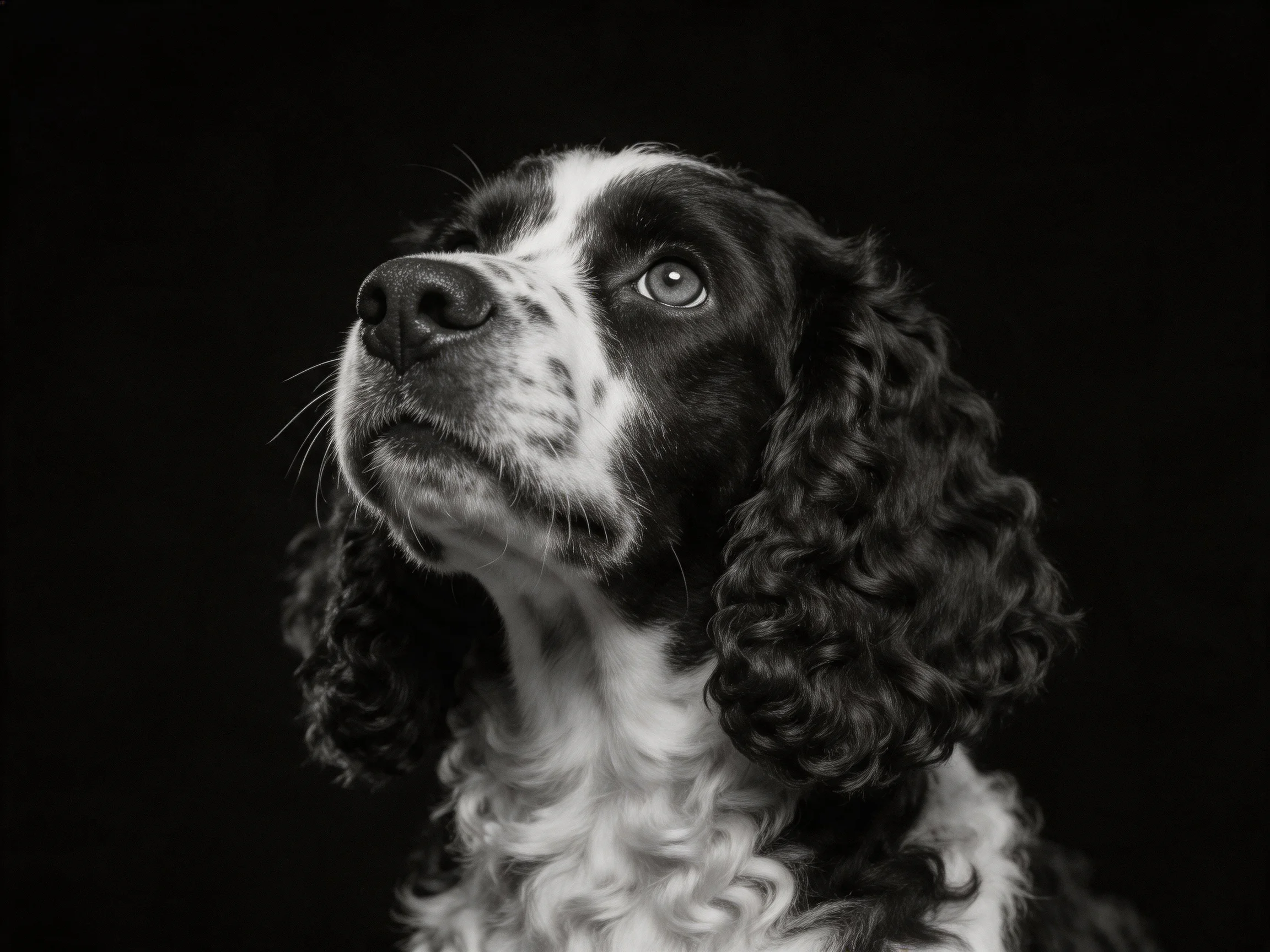 A black-and-white spaniel with curly ears against a dark backdrop