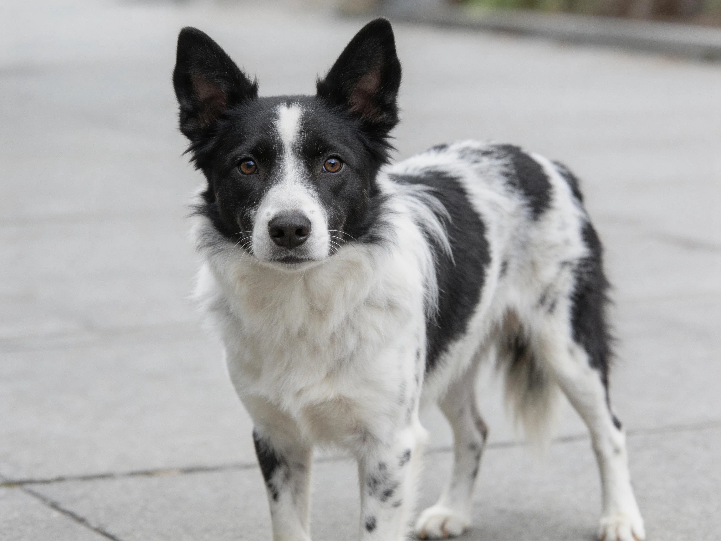 A black and white speckled dog stands on pavement.