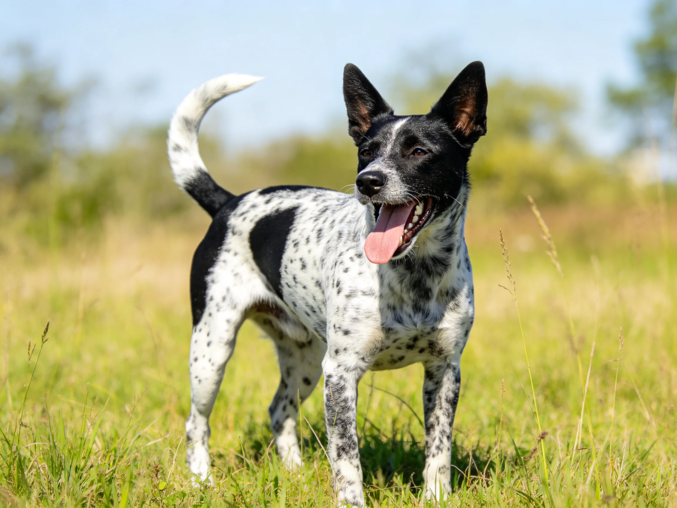 A black-and-white speckled dog stands in a sunlit grassy area.