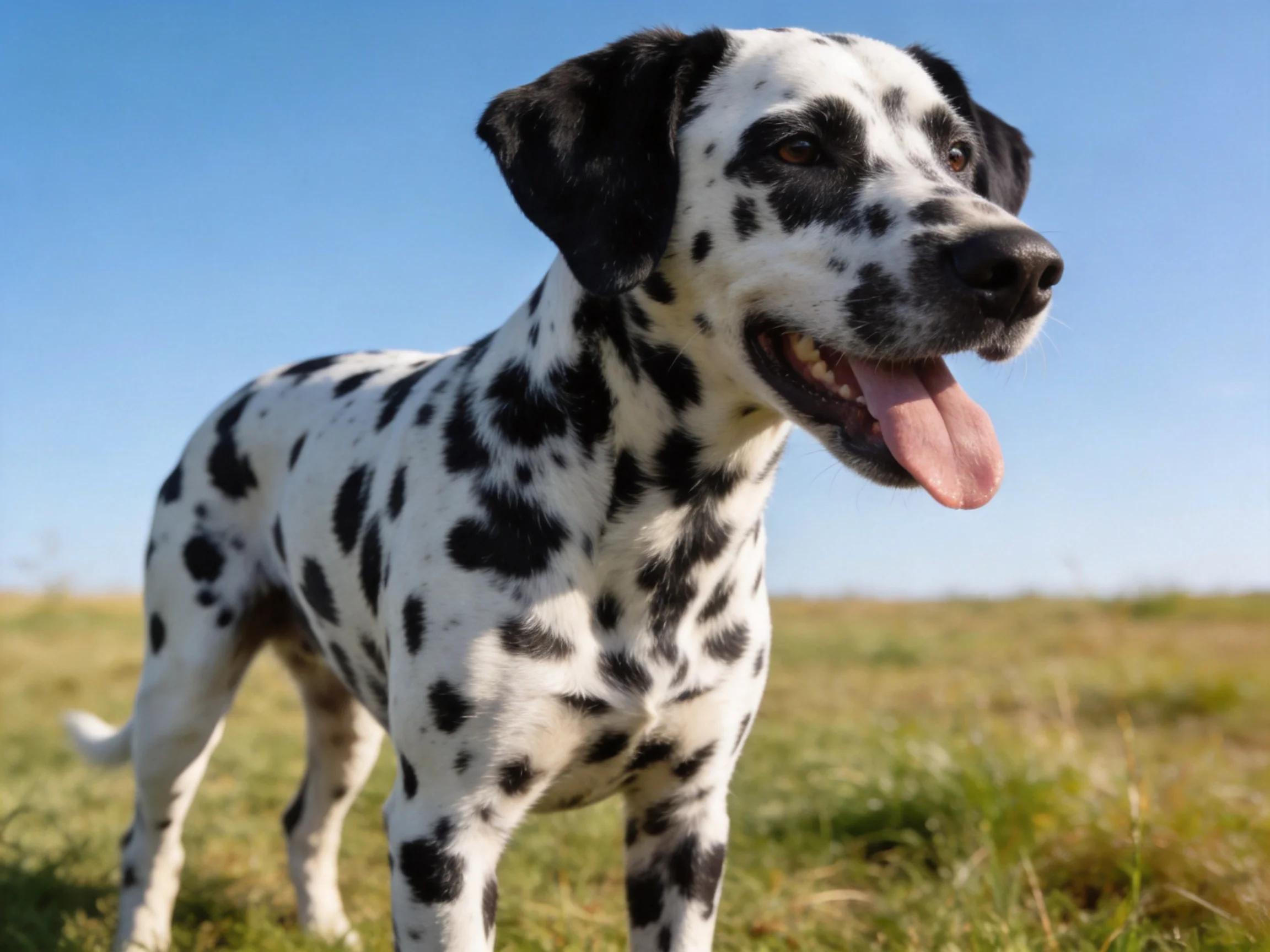 A black-and-white spotted Dalmatian stands in a sunny grassy field