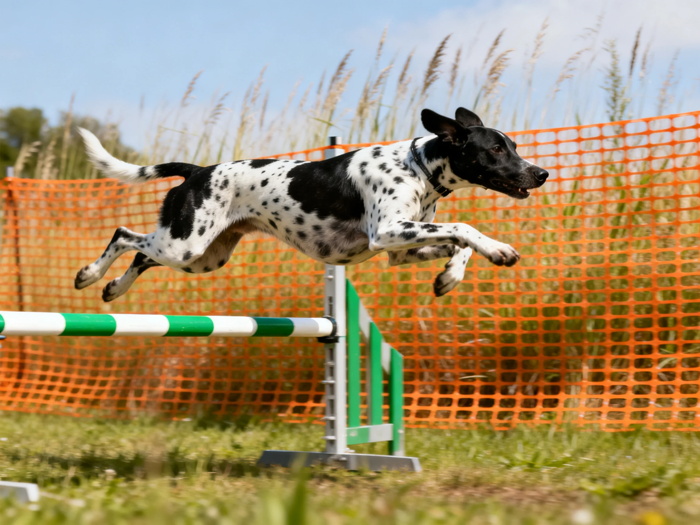 A black and white spotted dog jumps over a green and white obstacle in an outdoor environment.