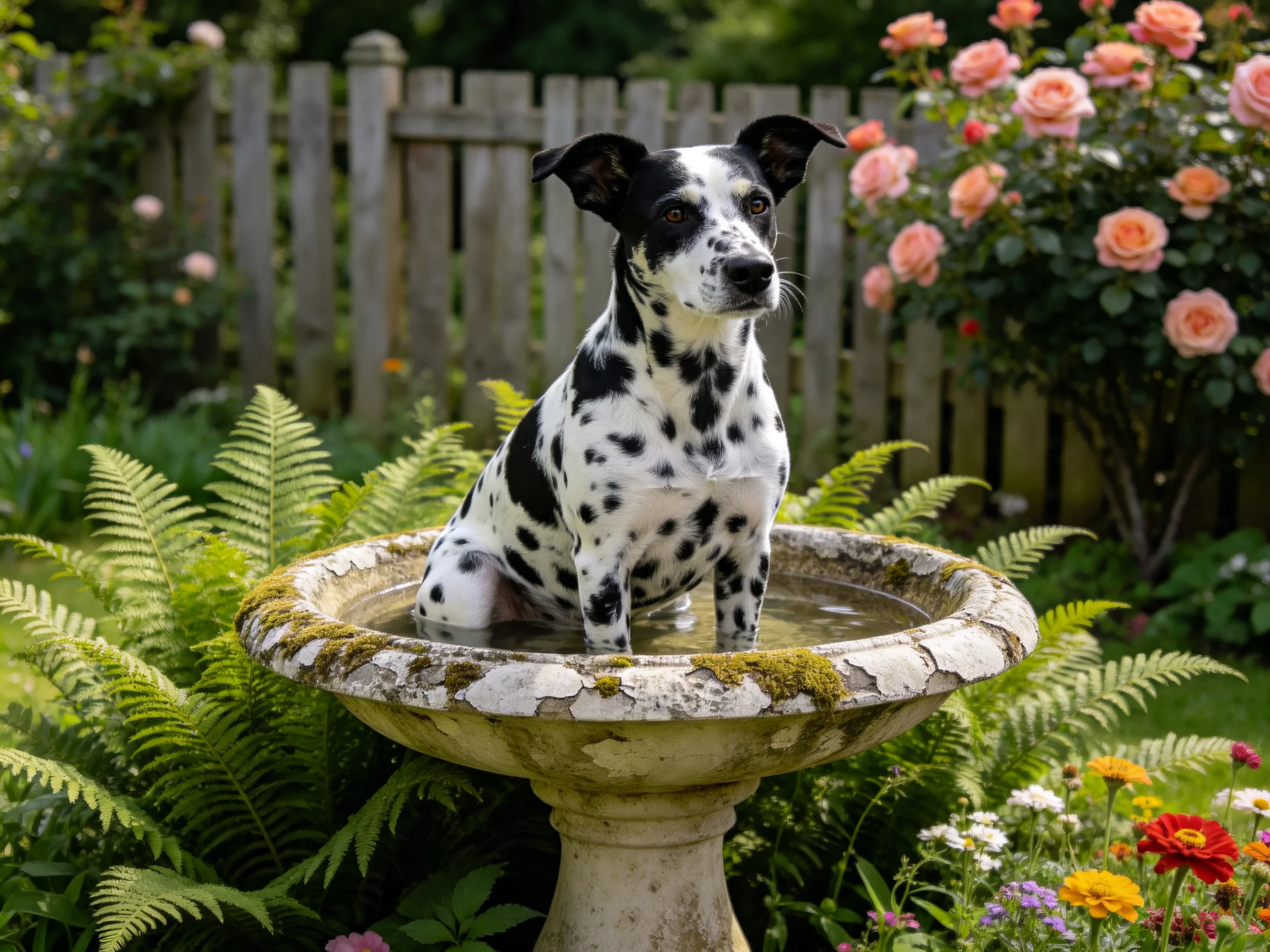 A spotted dog relaxes in a birdbath within a vibrant garden environment.