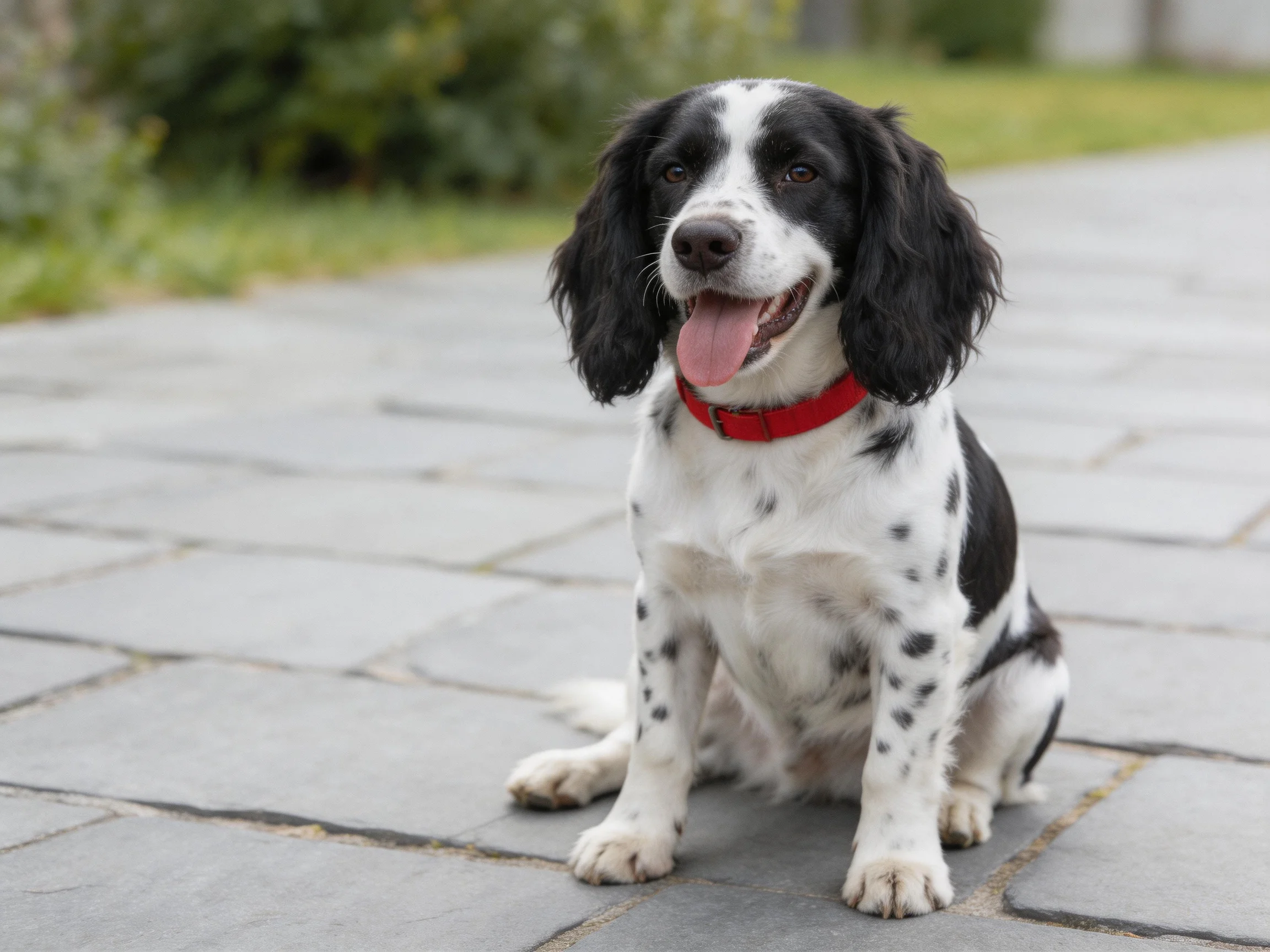 A black and white spotted dog sits on stone pavement wearing a red collar.