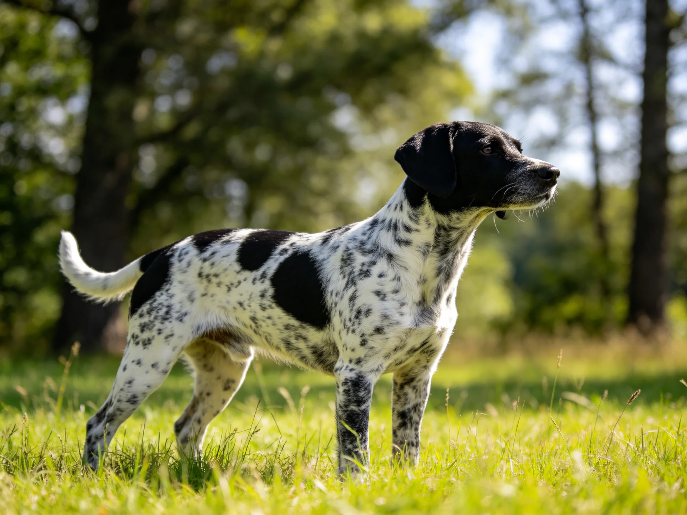 A black-and-white spotted dog stands alert in a sunlit grassy field with trees nearby.