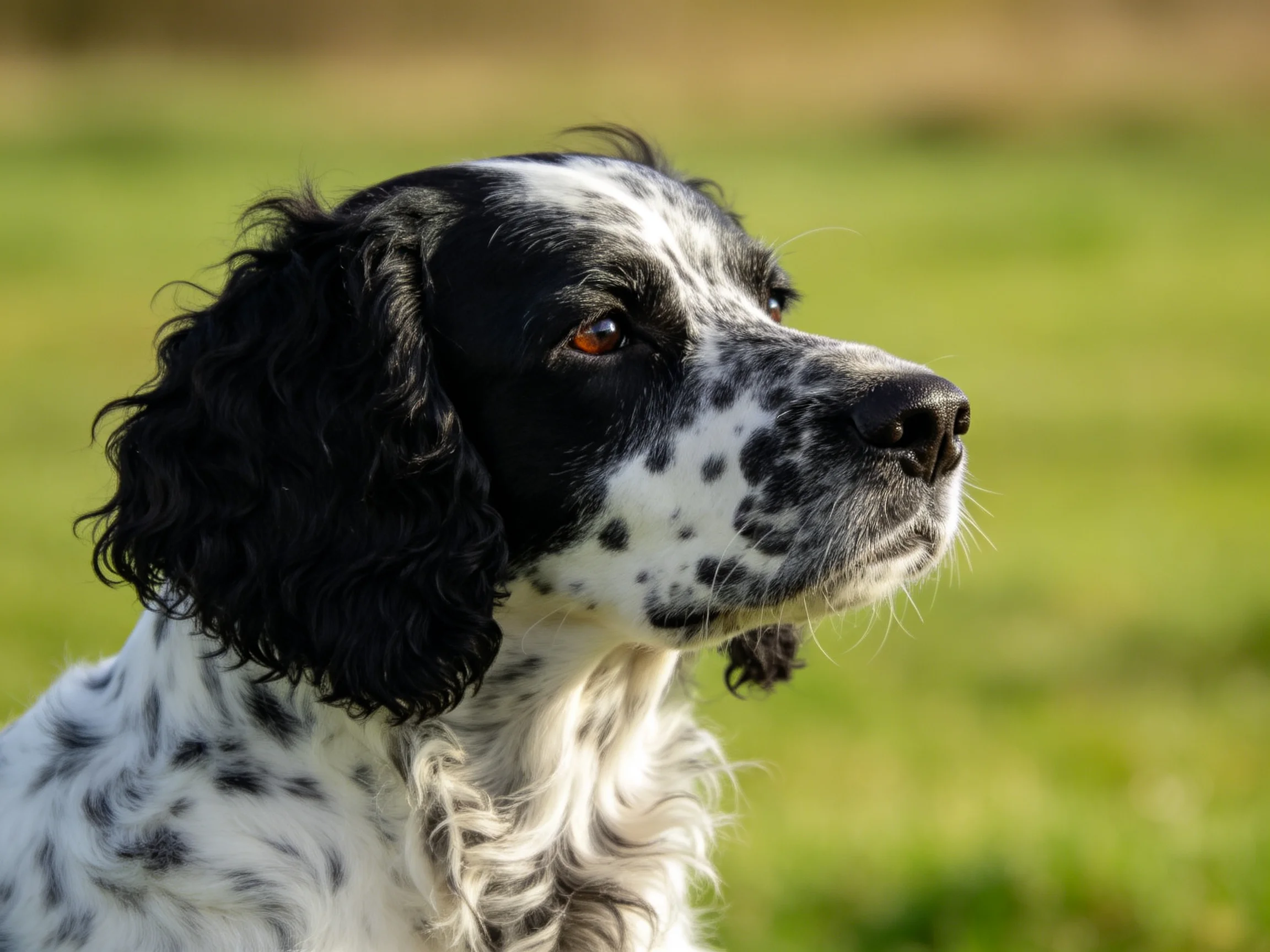 A black-and-white spotted dog gazes thoughtfully in an outdoor setting.