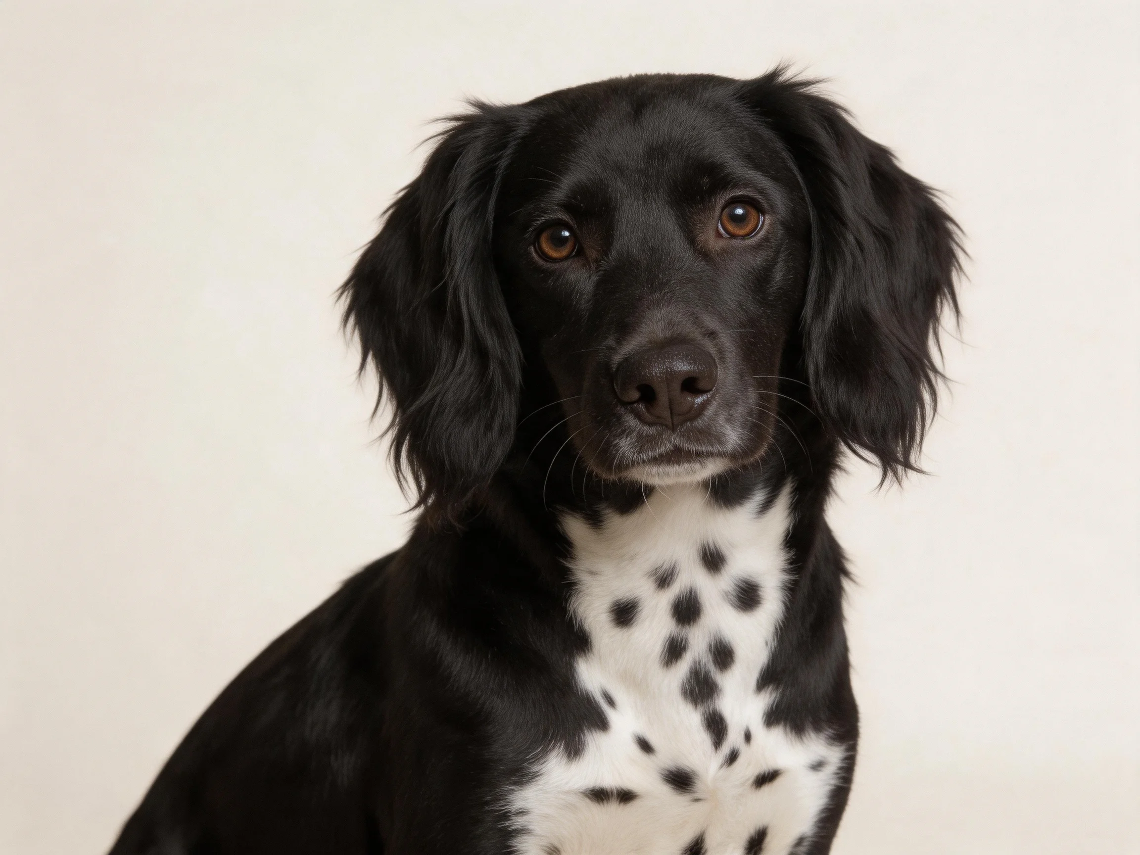 Black and white spotted dog sits against plain backdrop.