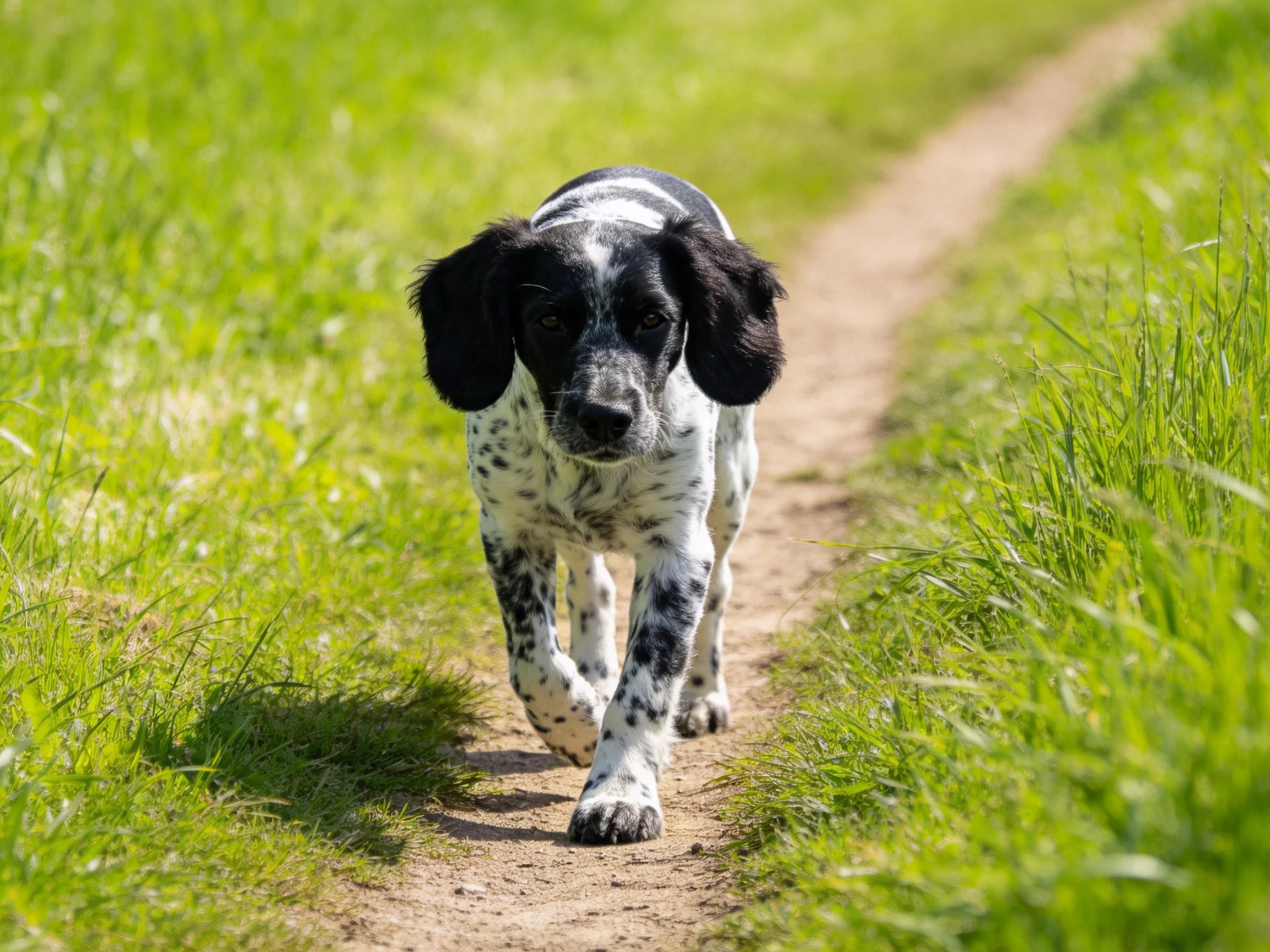 A black-and-white spotted puppy walks along a dirt path in a grassy area.