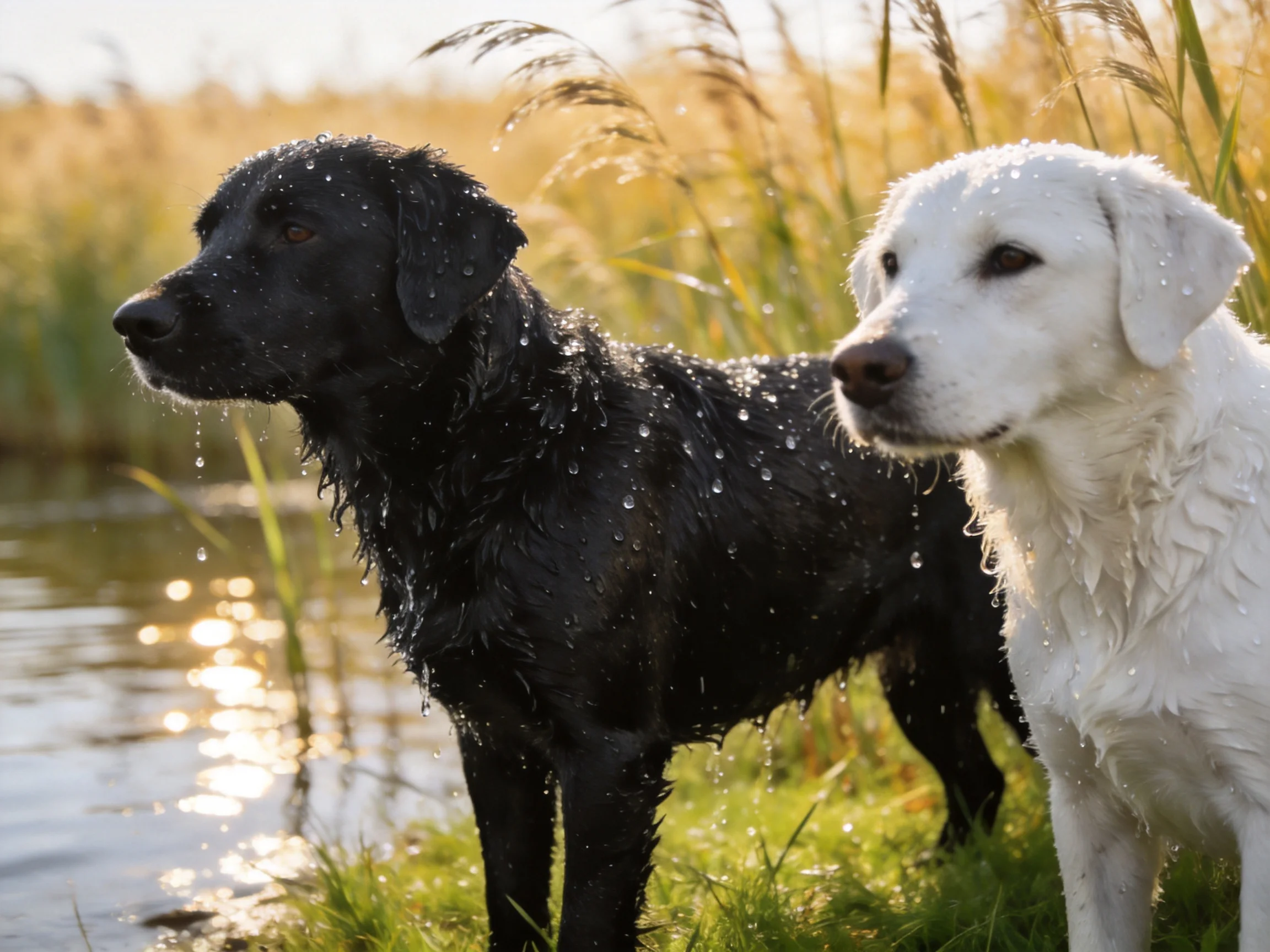 Two wet Labradors stand beside a sunlit waterway.