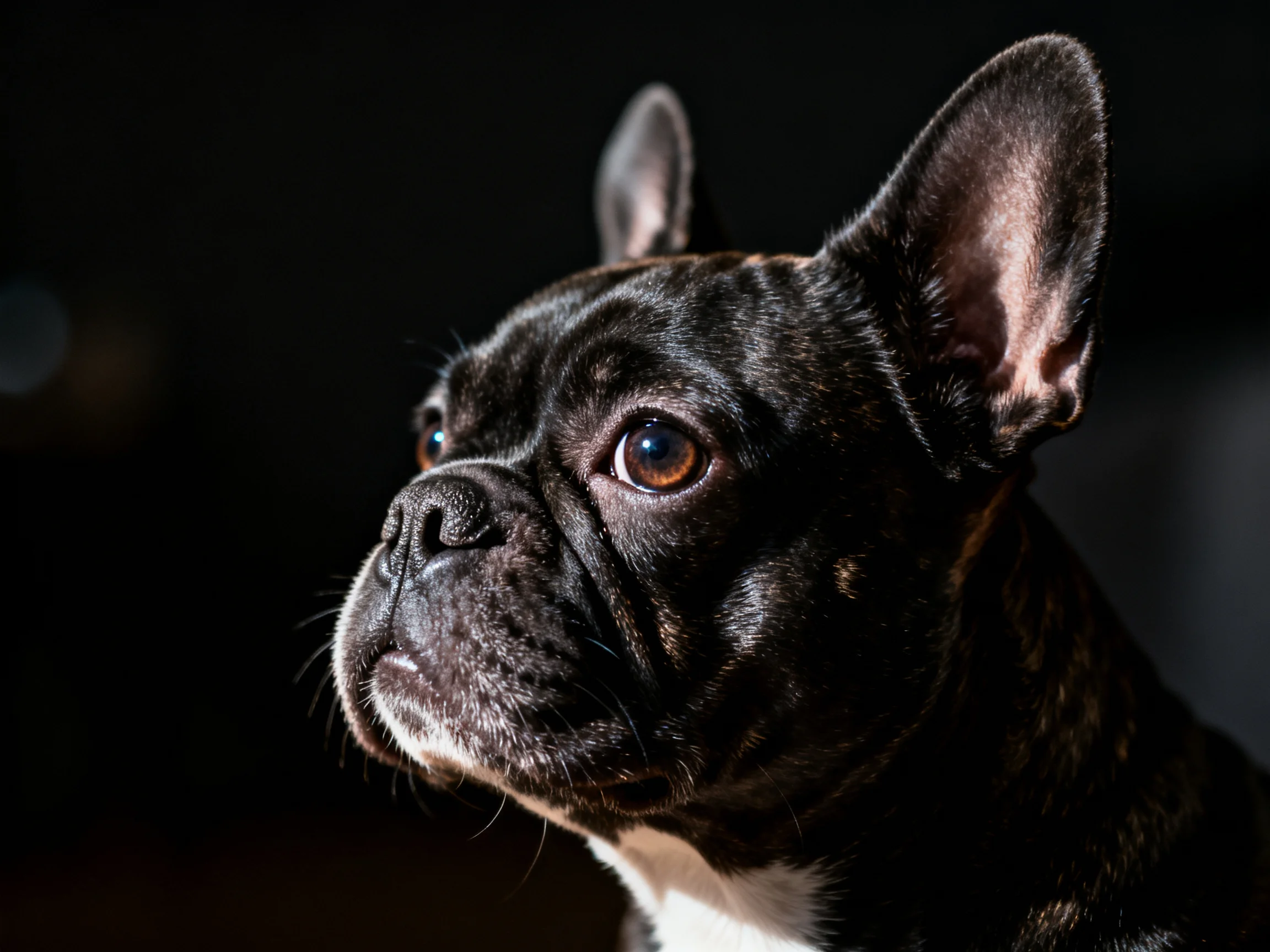 A black brindle French bulldog with amber eyes under dramatic lighting