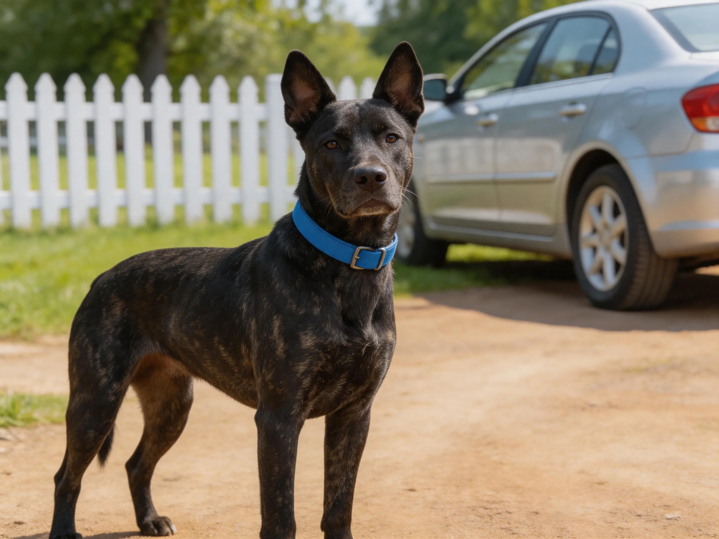 A black brindle dog with a blue collar stands near a silver car by a white picket fence