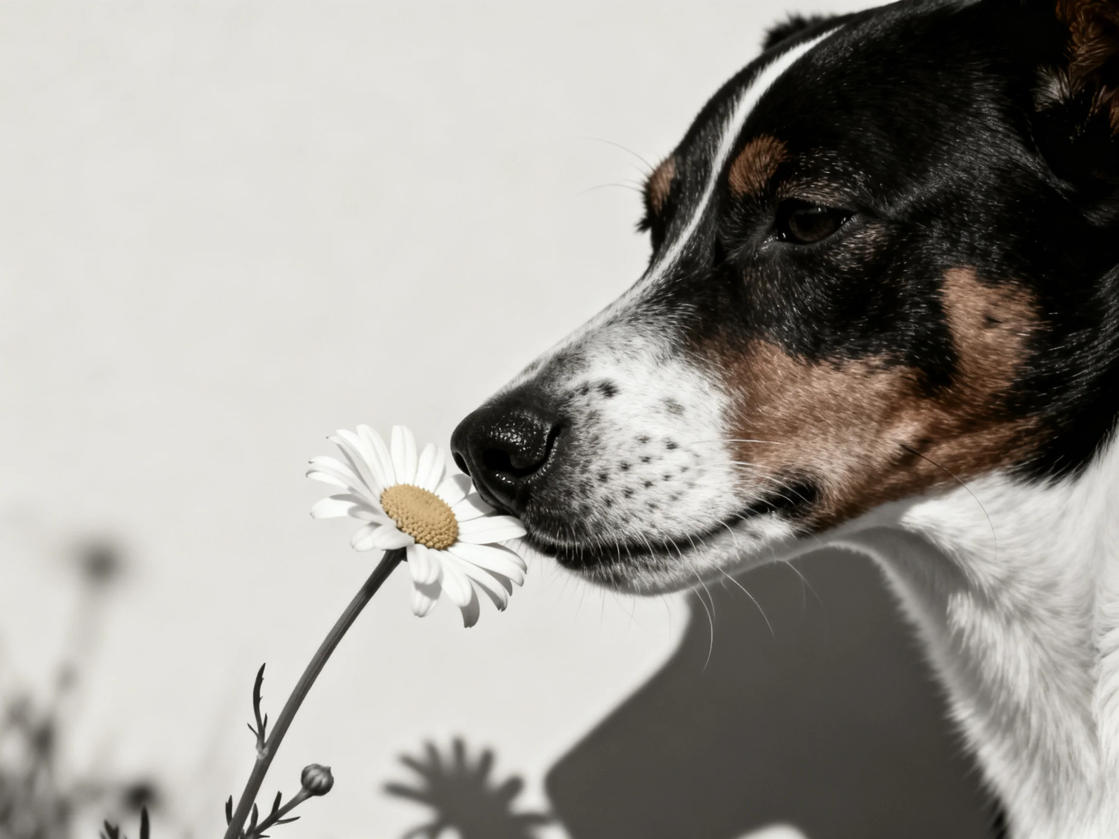 A black, brown, and white dog sniffs a white daisy beside a plain wall